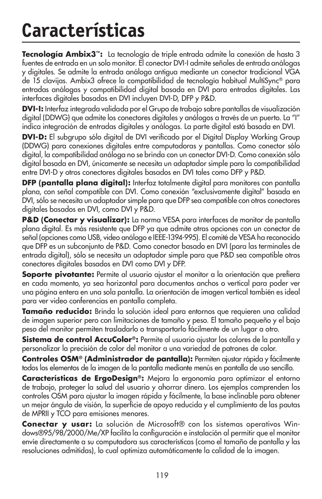 NEC LCD2190UXi user manual Características, 119 