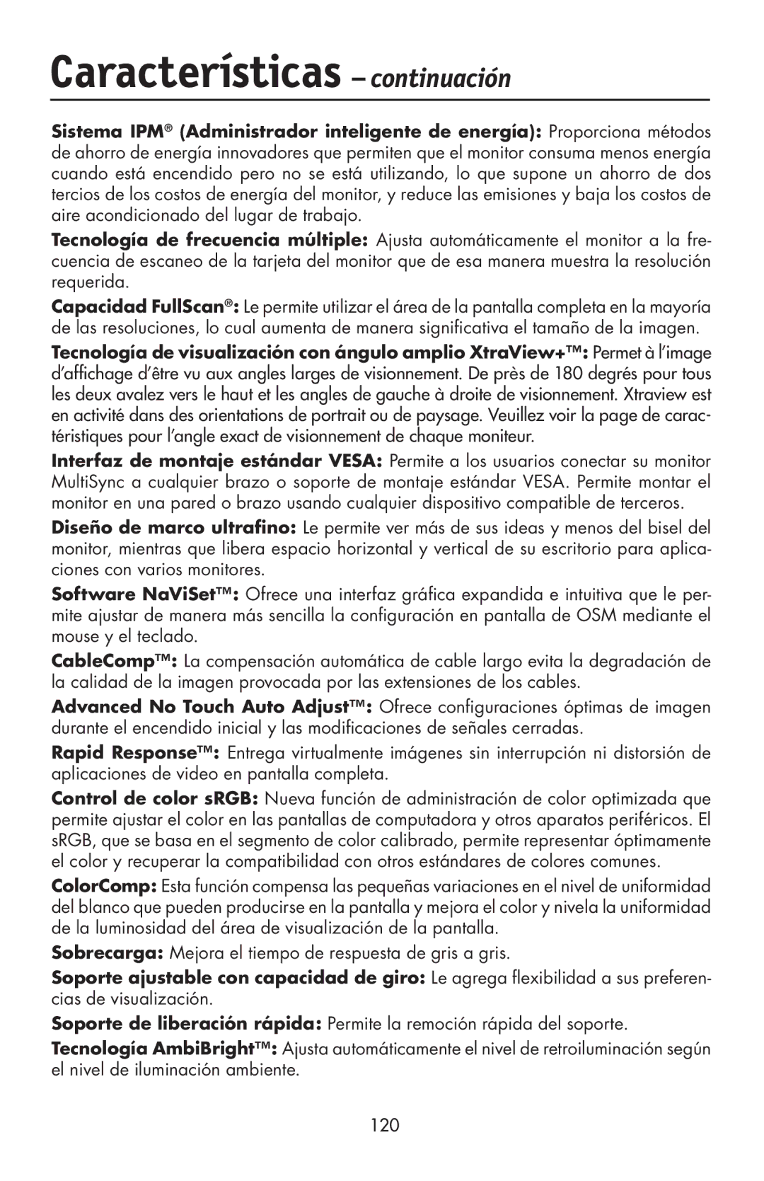 NEC LCD2190UXi user manual Características continuación 