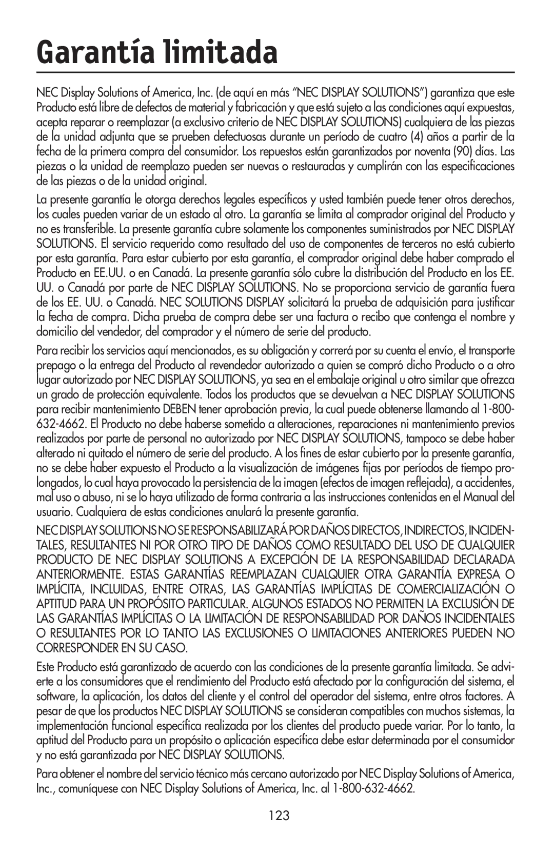 NEC LCD2190UXi user manual Garantía limitada, 123 