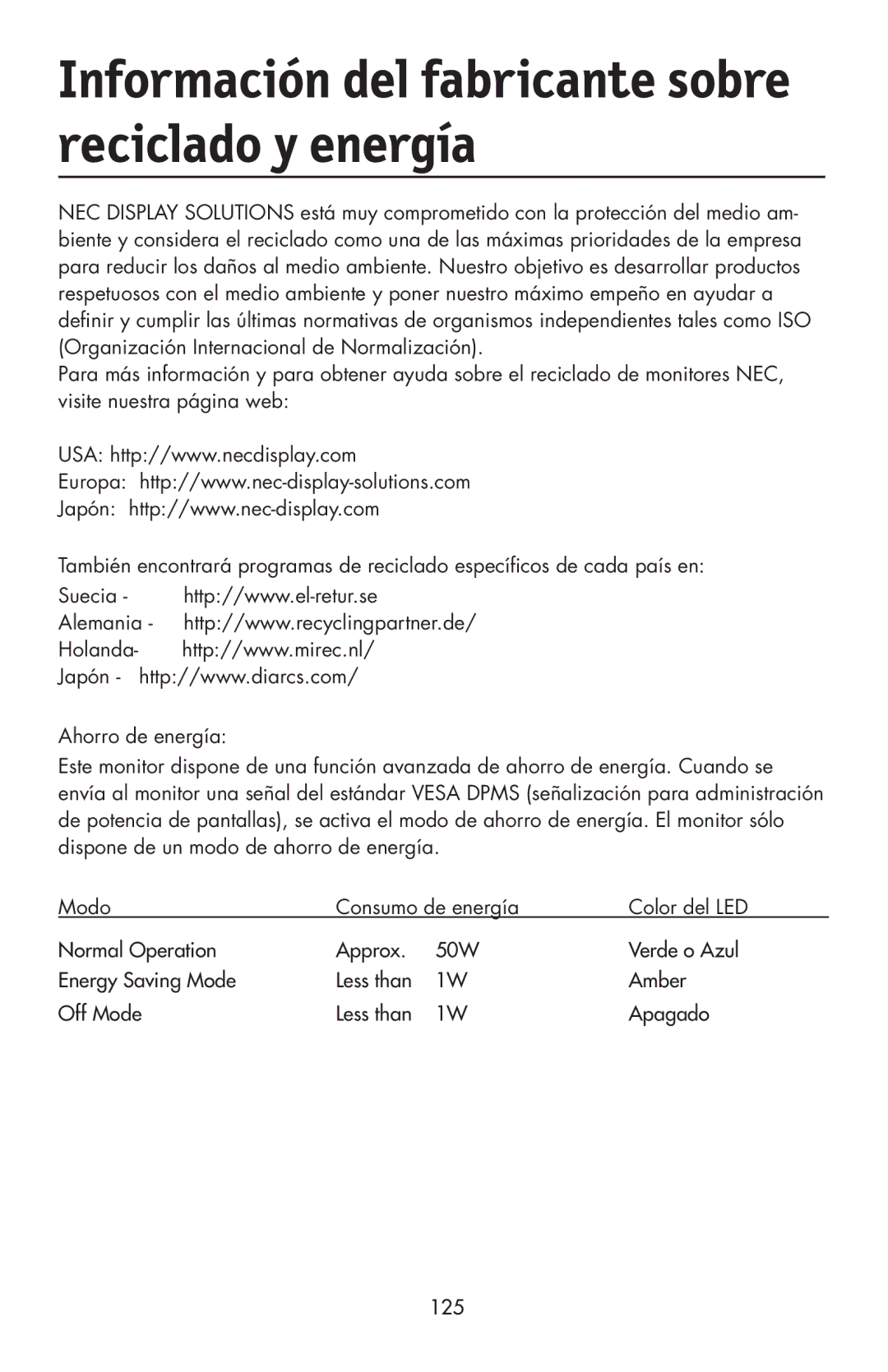 NEC LCD2190UXi user manual Información del fabricante sobre reciclado y energía 