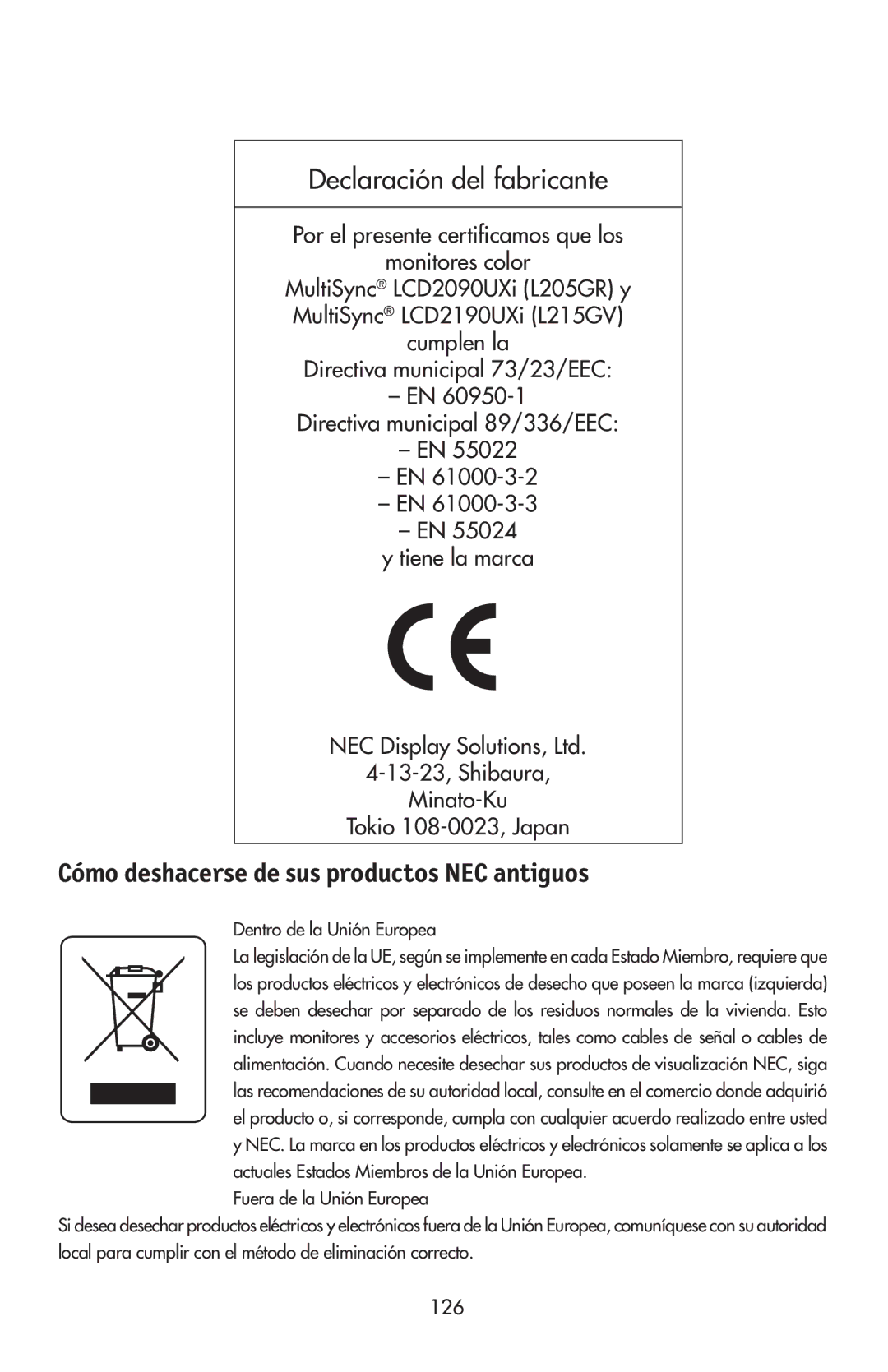 NEC LCD2190UXi user manual 126, Dentro de la Unión Europea 