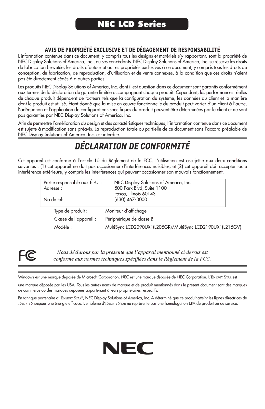 NEC LCD2190UXi user manual Déclaration DE Conformité 