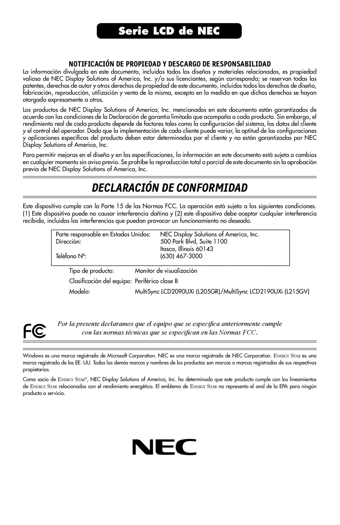 NEC LCD2190UXi user manual Declaración DE Conformidad 