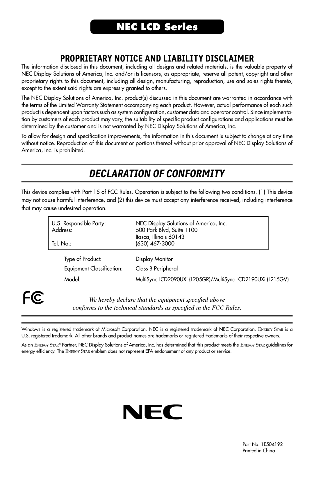 NEC LCD2190UXi user manual Declaration of Conformity 