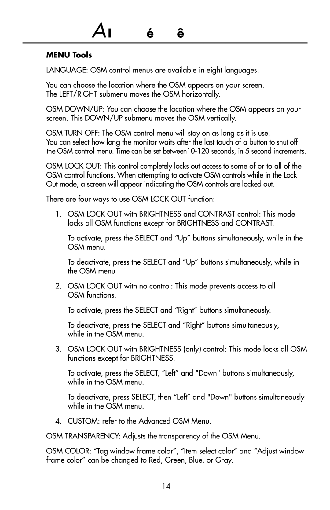 NEC LCD2190UXi user manual Menu Tools, There are four ways to use OSM Lock OUT function 