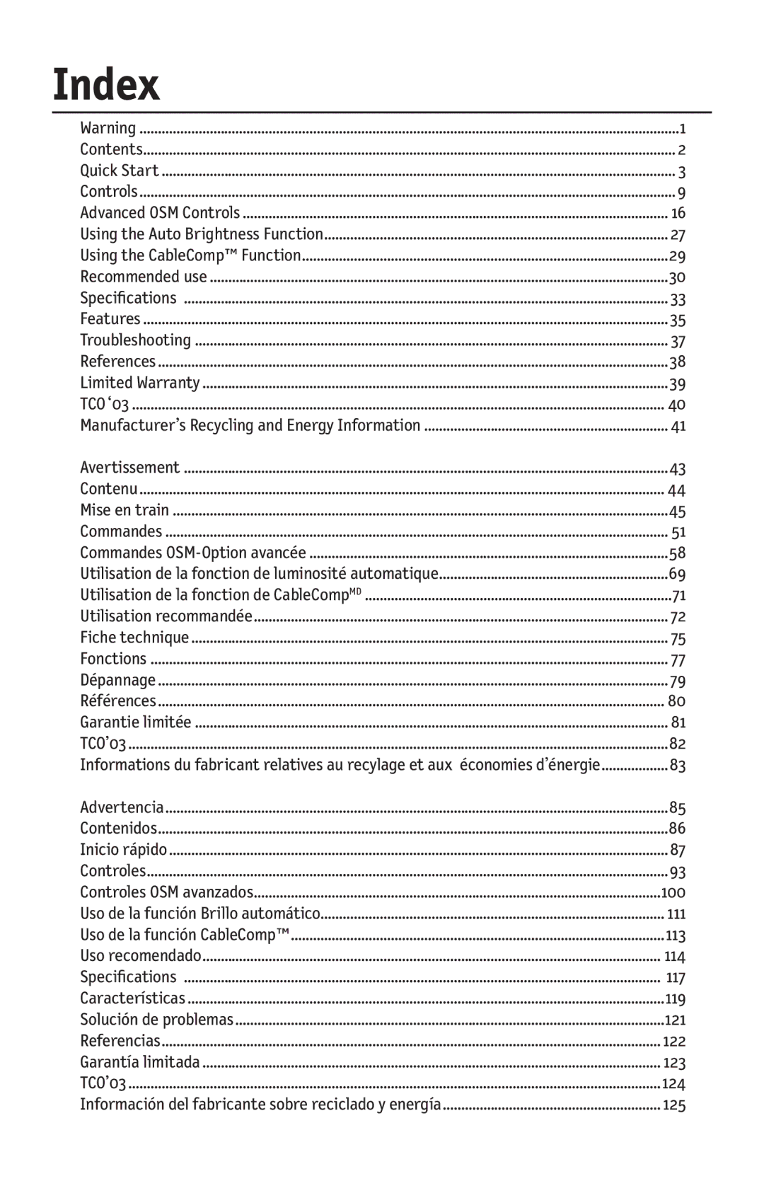 NEC LCD2190UXi user manual Index, Utilisation de la fonction de luminosité automatique 