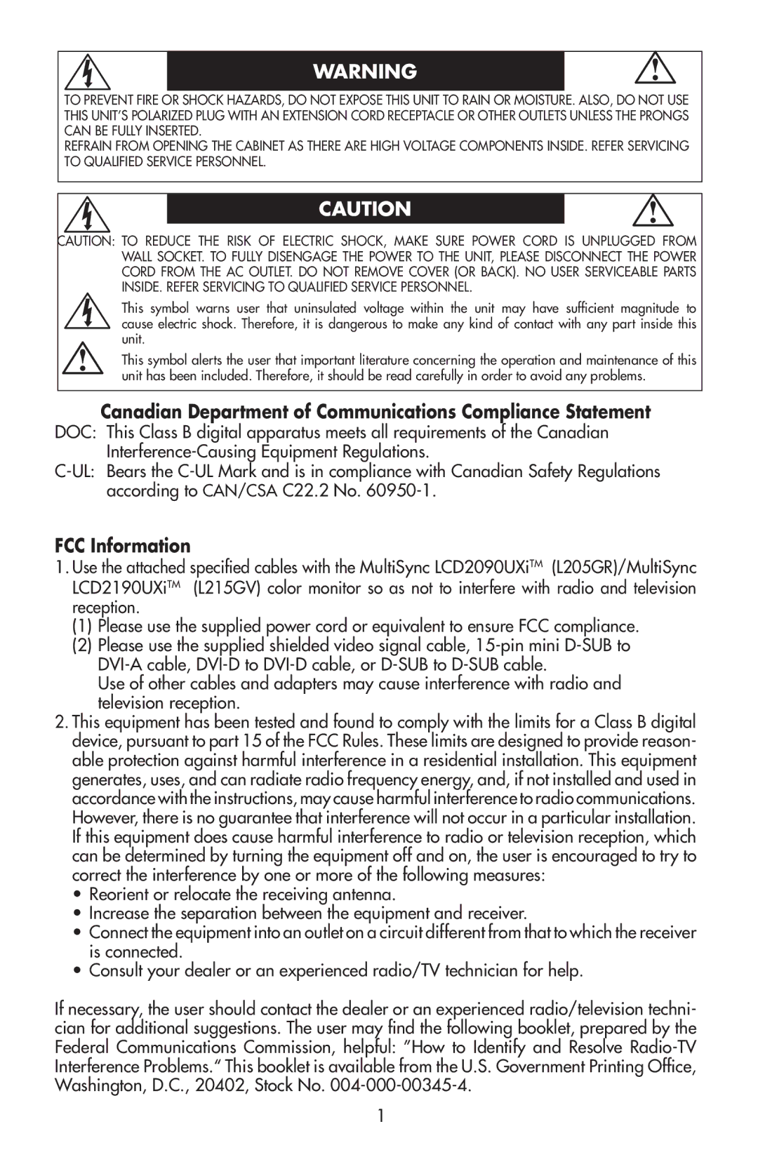 NEC LCD2190UXi user manual Canadian Department of Communications Compliance Statement, FCC Information 