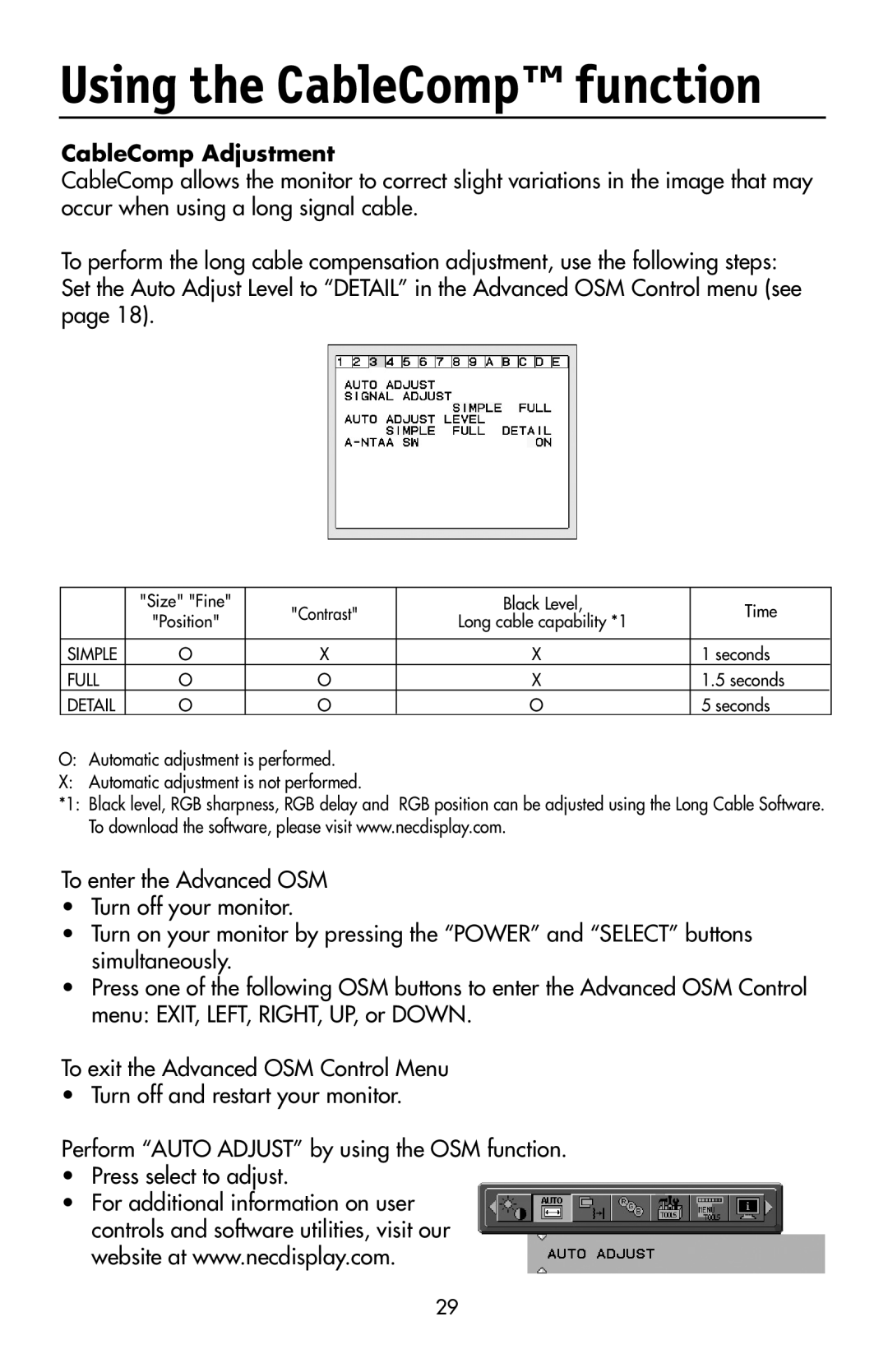 NEC LCD2190UXi user manual Using the CableComp function, CableComp Adjustment 