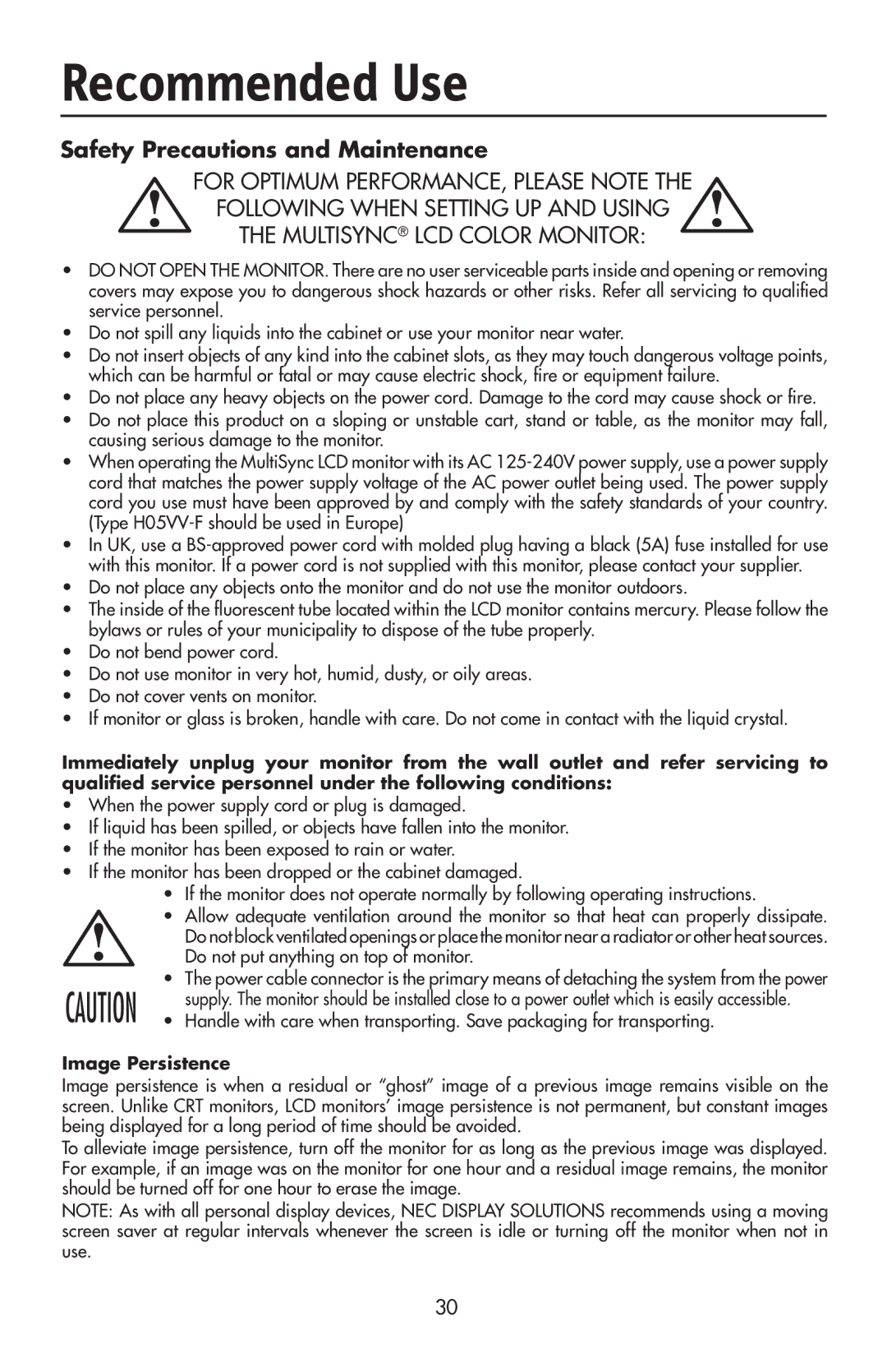 NEC LCD2190UXi user manual Recommended Use, Safety Precautions and Maintenance, Do not put anything on top of monitor 