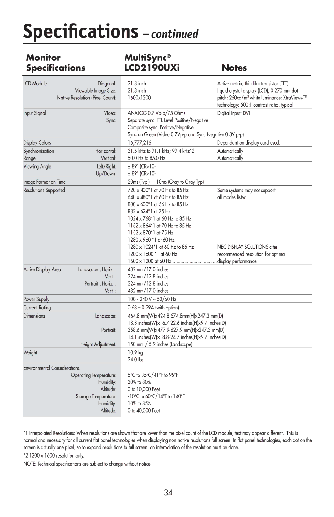 NEC user manual Monitor MultiSync Speciﬁcations LCD2190UXi 