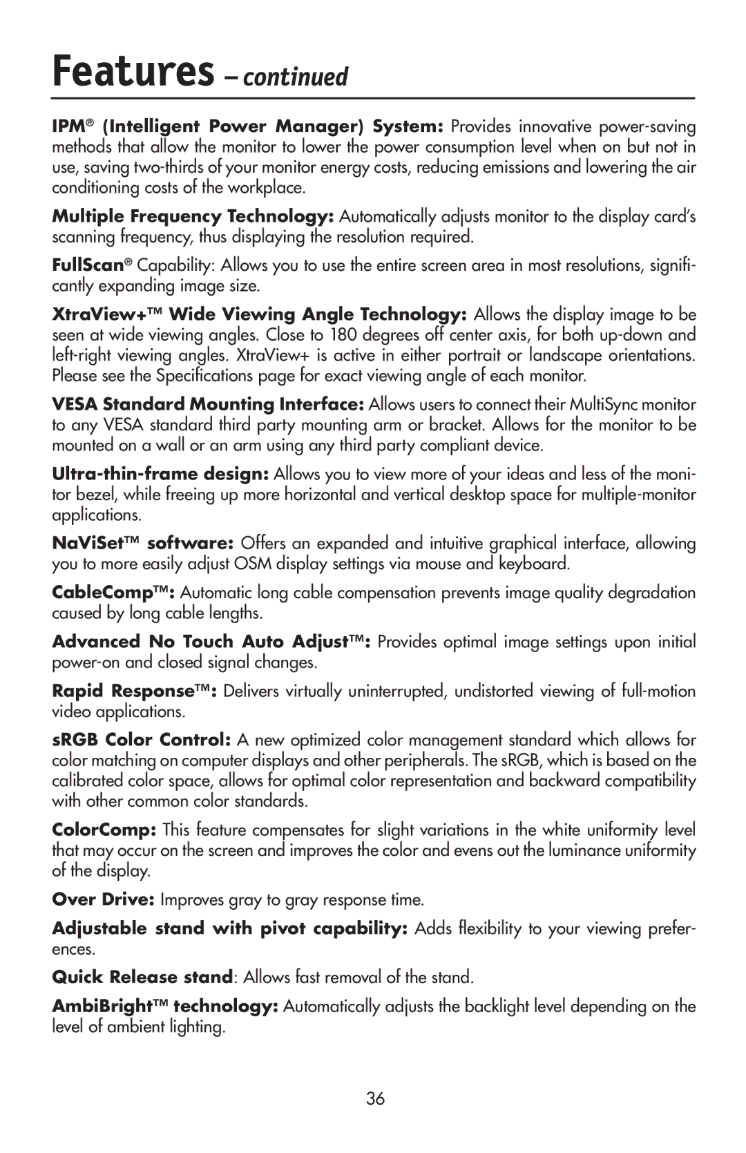 NEC LCD2190UXi user manual Features 