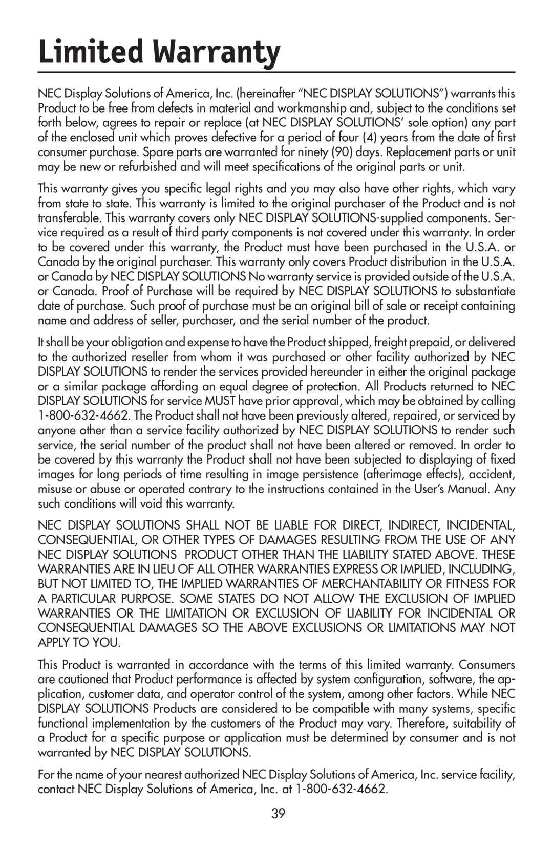 NEC LCD2190UXi user manual Limited Warranty 
