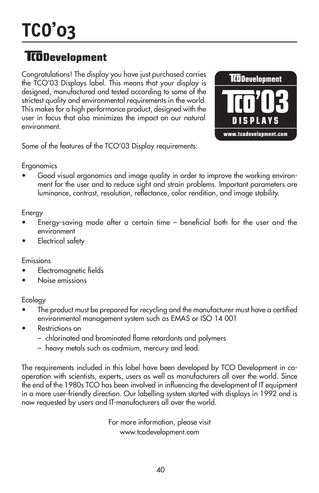 NEC LCD2190UXi user manual TCO’03, For more information, please visit 