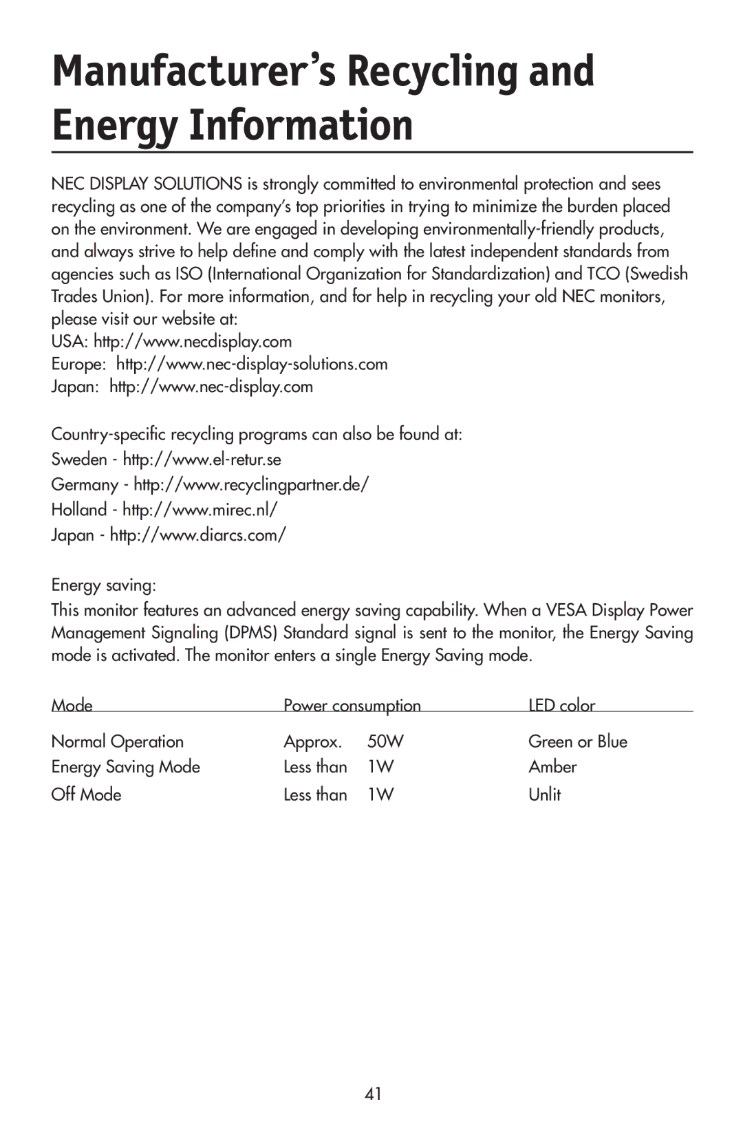 NEC LCD2190UXi user manual Manufacturer’s Recycling and Energy Information 