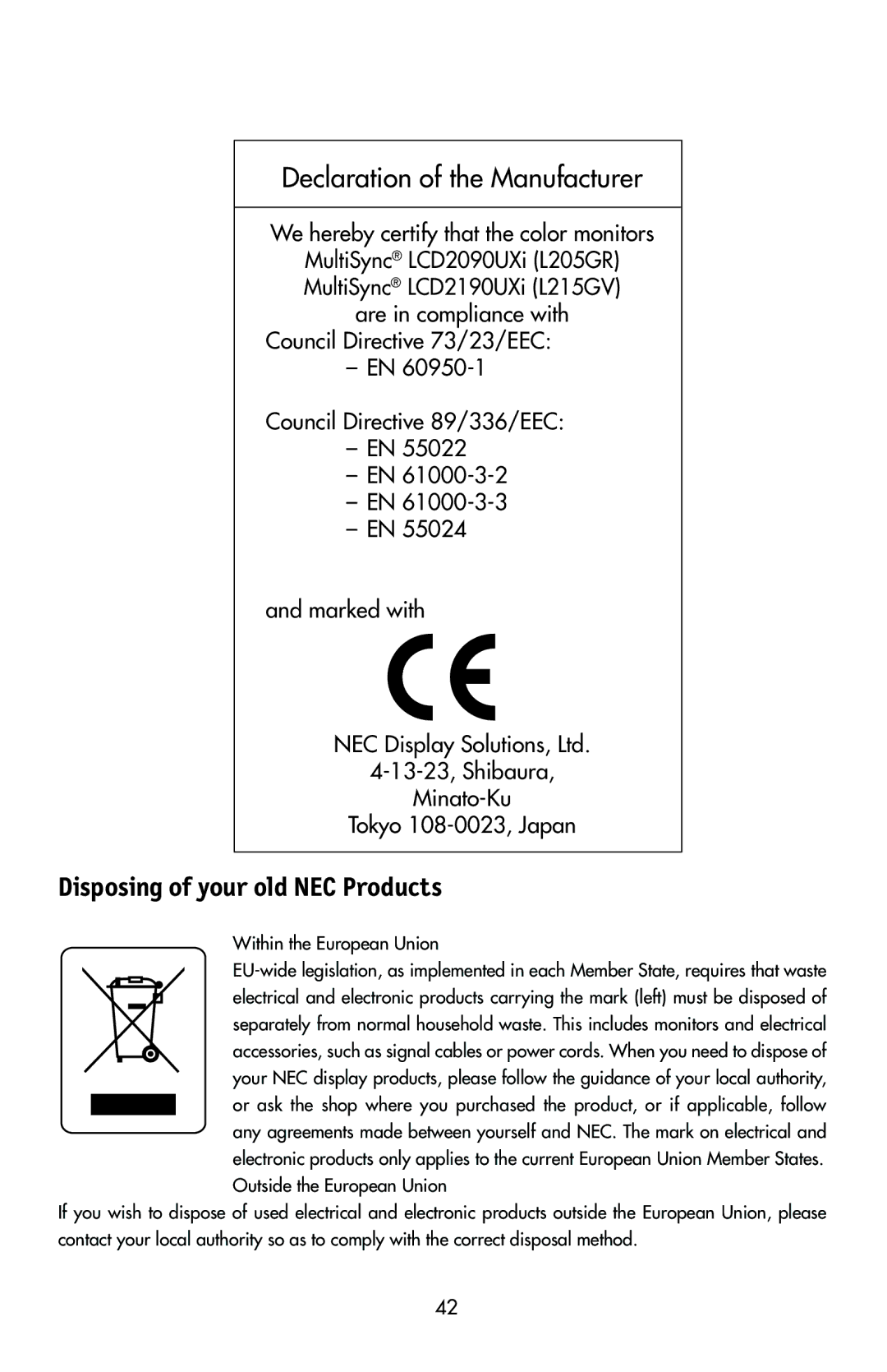 NEC LCD2190UXi user manual Disposing of your old NEC Products 