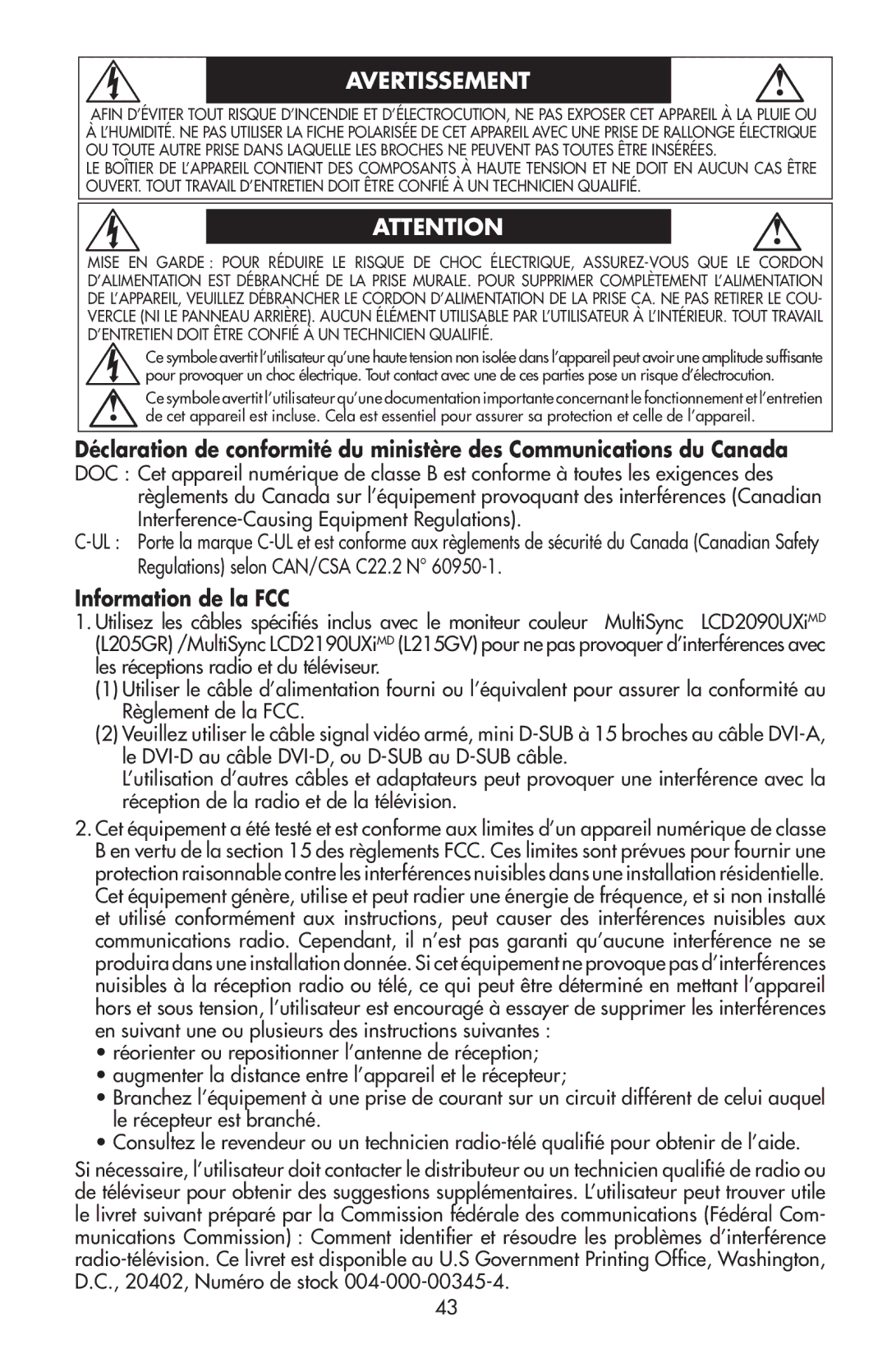 NEC LCD2190UXi user manual Avertissement, Information de la FCC 