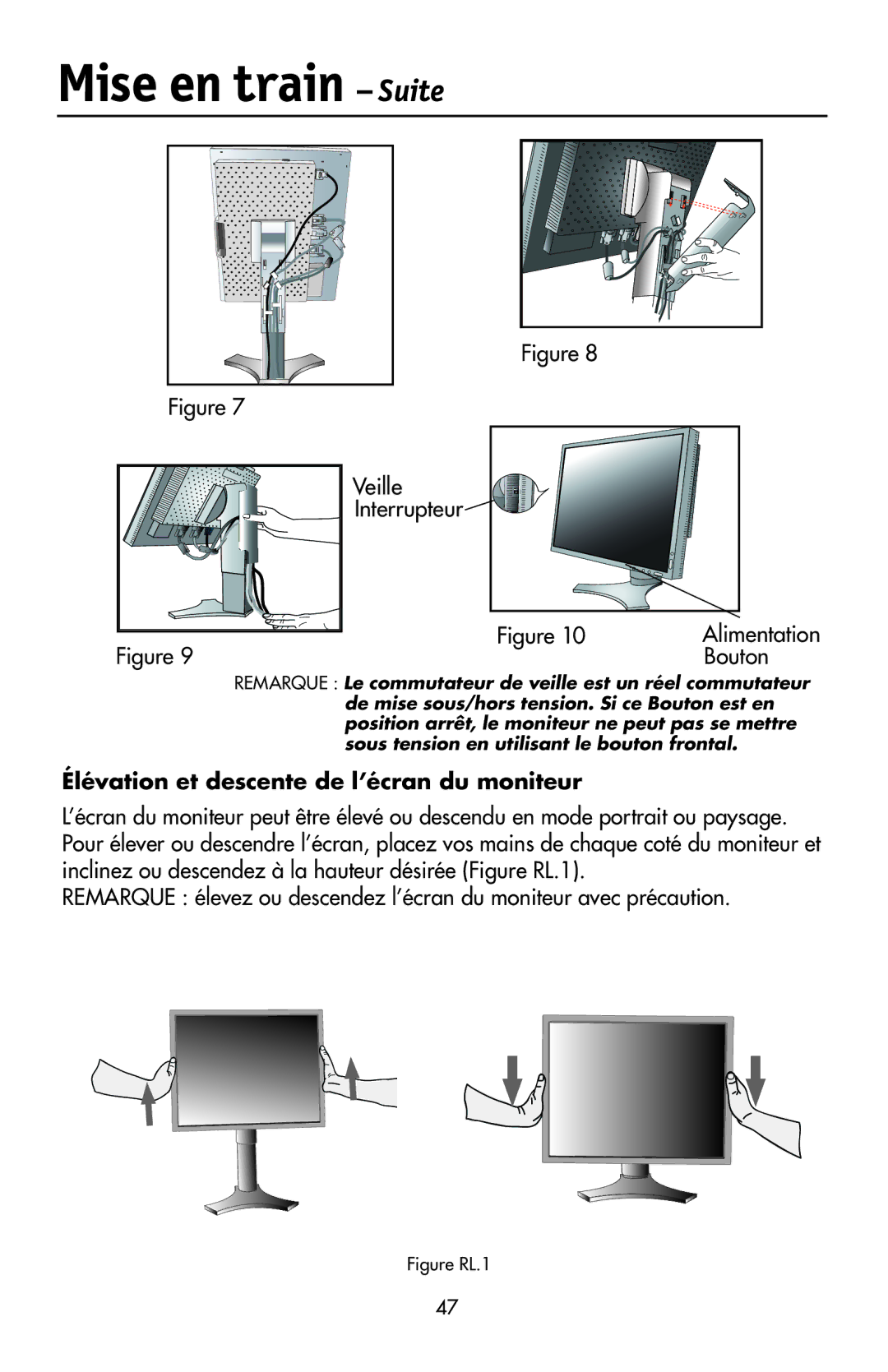 NEC LCD2190UXi user manual Élévation et descente de l’écran du moniteur, Alimentation 