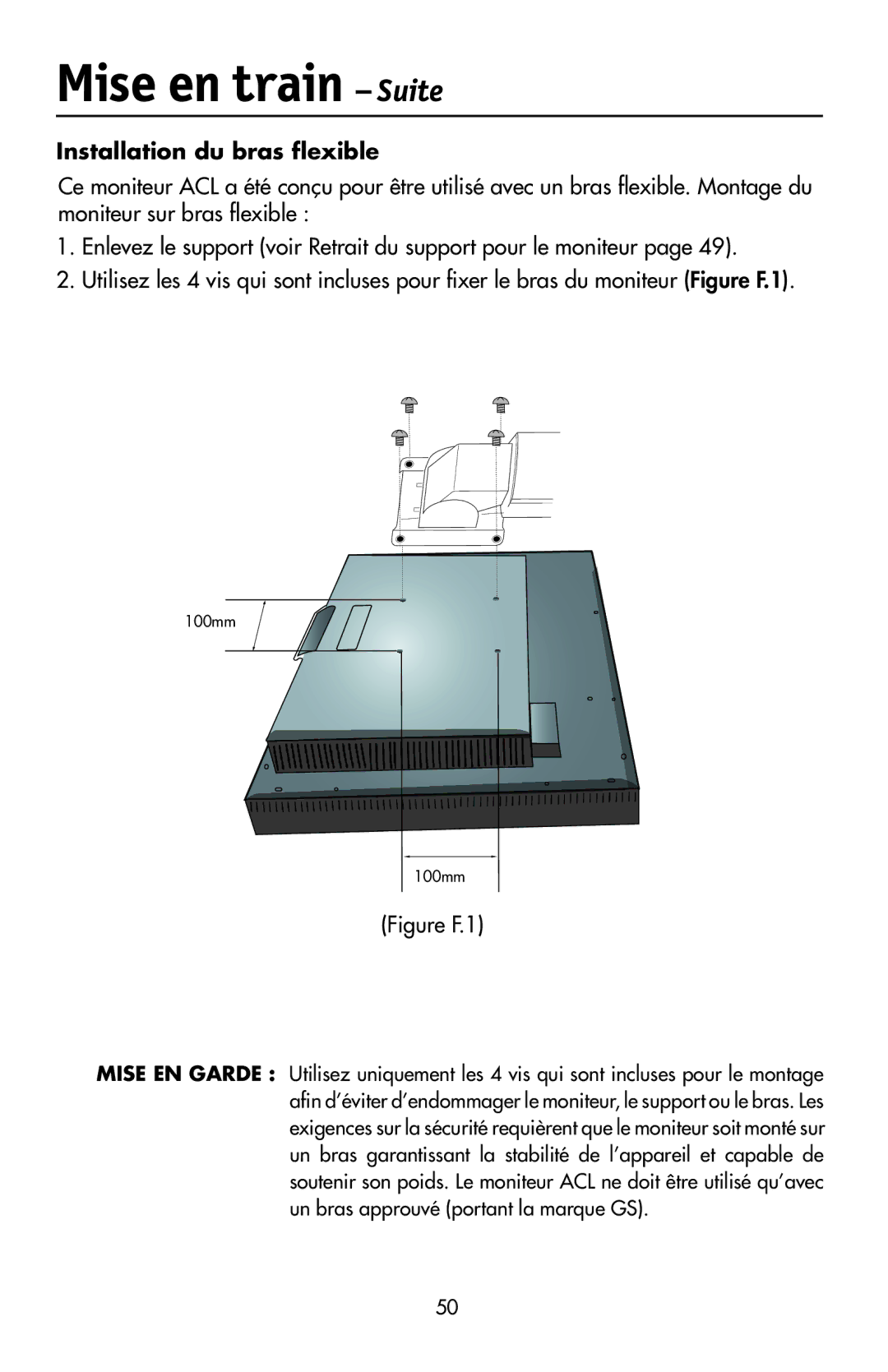 NEC LCD2190UXi user manual Installation du bras ﬂexible, Figure F.1 