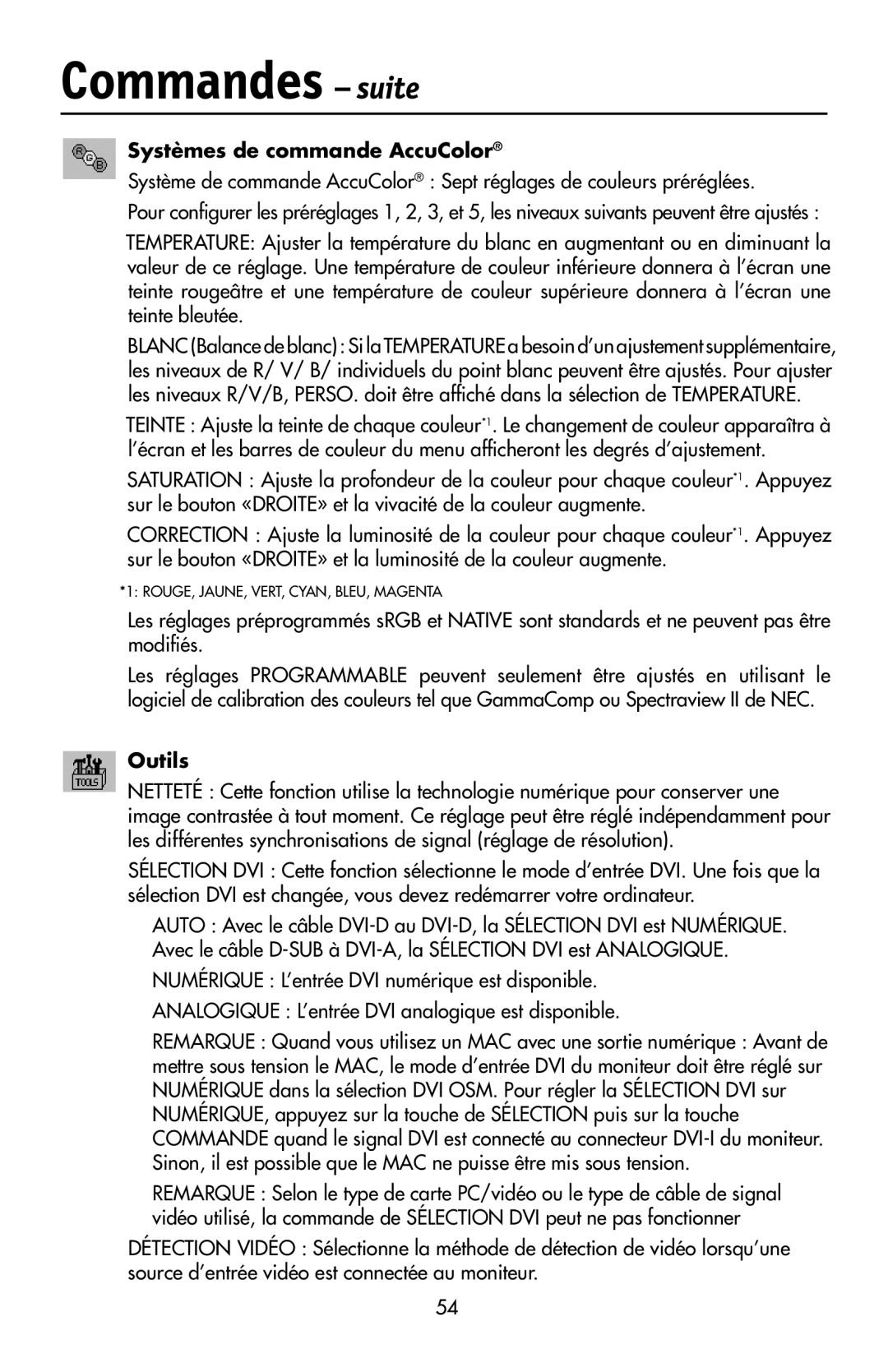 NEC LCD2190UXi user manual Systèmes de commande AccuColor, Outils 