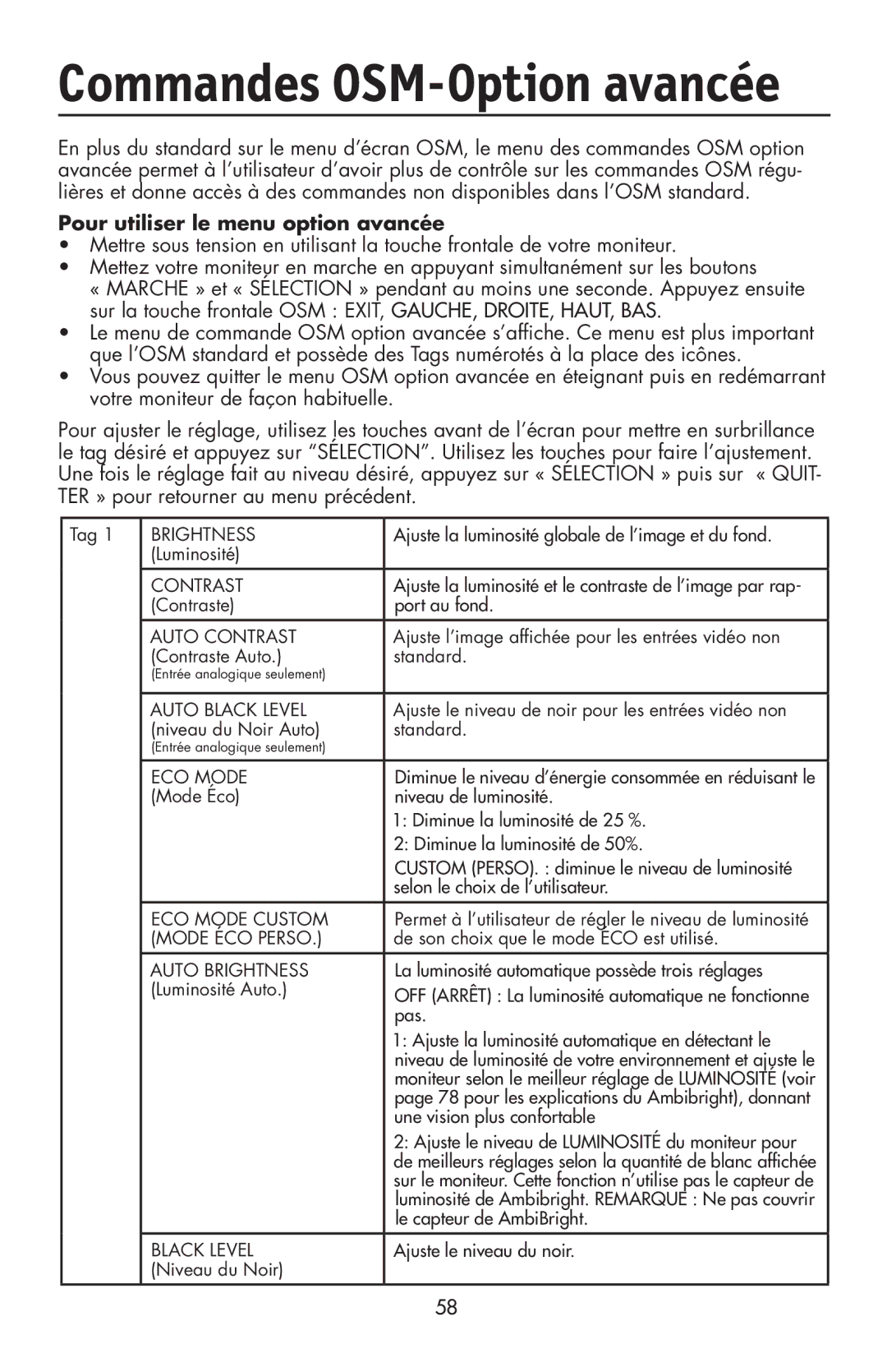 NEC LCD2190UXi user manual Pour utiliser le menu option avancée 