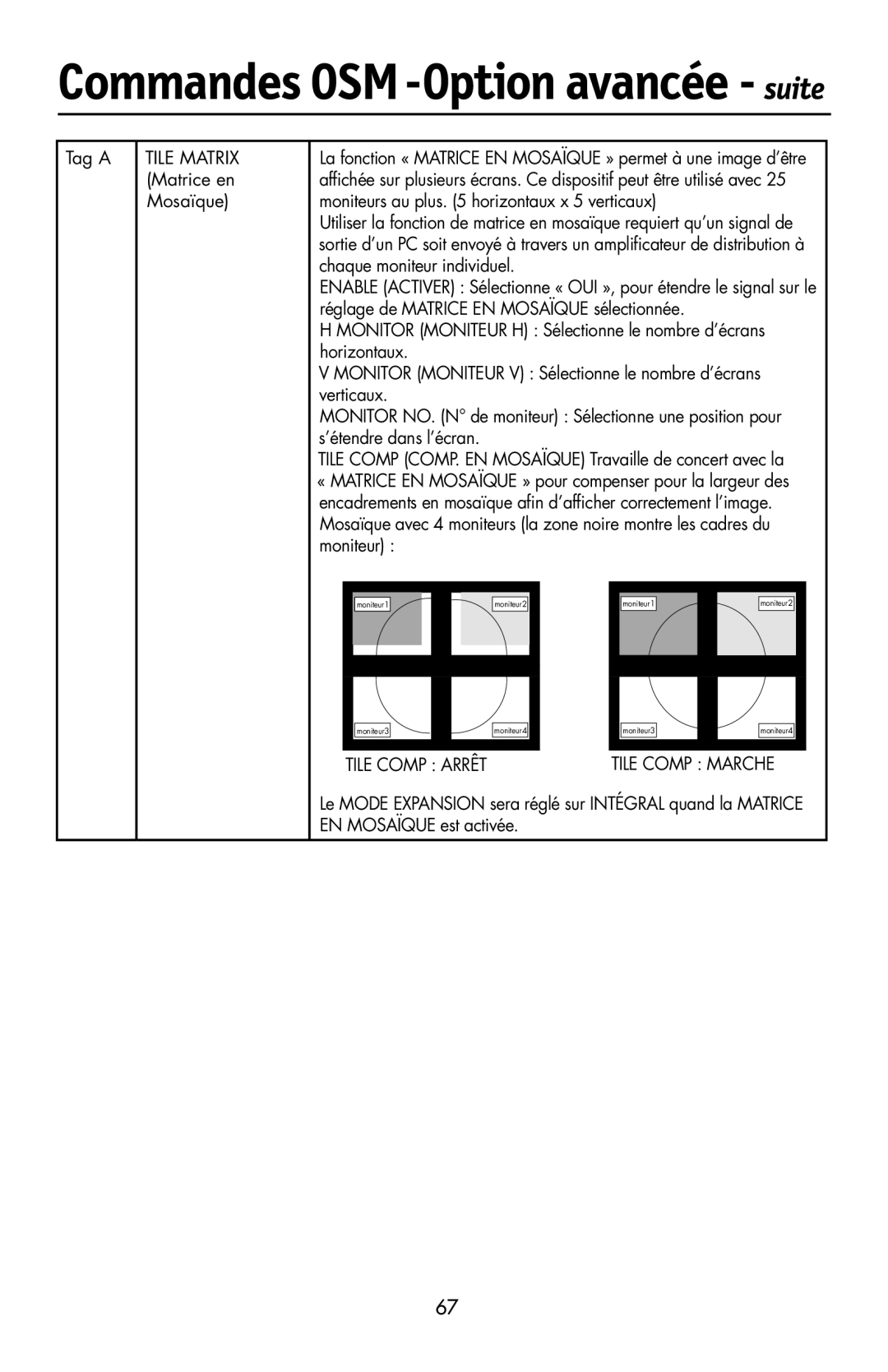 NEC LCD2190UXi user manual Tag a Tile Matrix Matrice en Mosaïque, Tile Comp Arrêt, Tile Comp Marche 