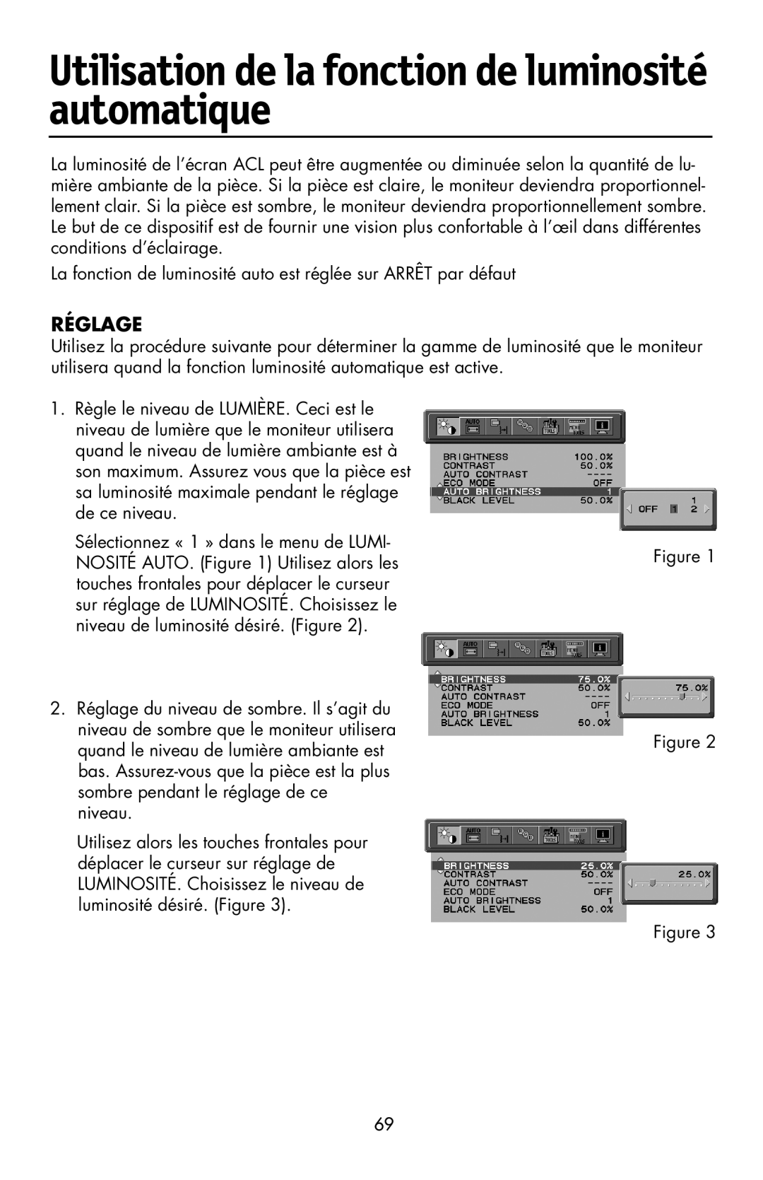 NEC LCD2190UXi user manual Utilisation de la fonction de luminosité automatique 