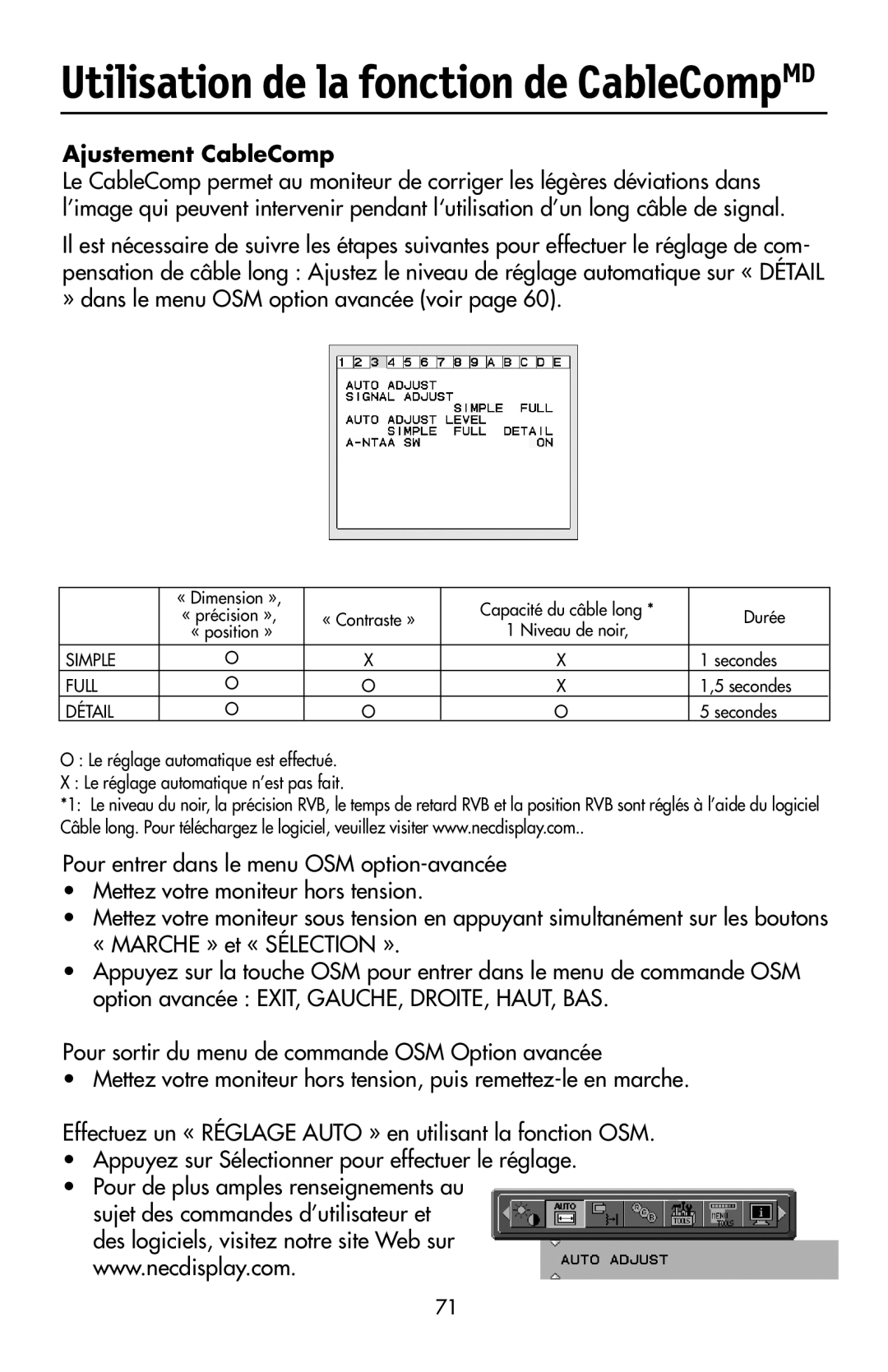 NEC LCD2190UXi user manual Utilisation de la fonction de CableCompMD, Ajustement CableComp 