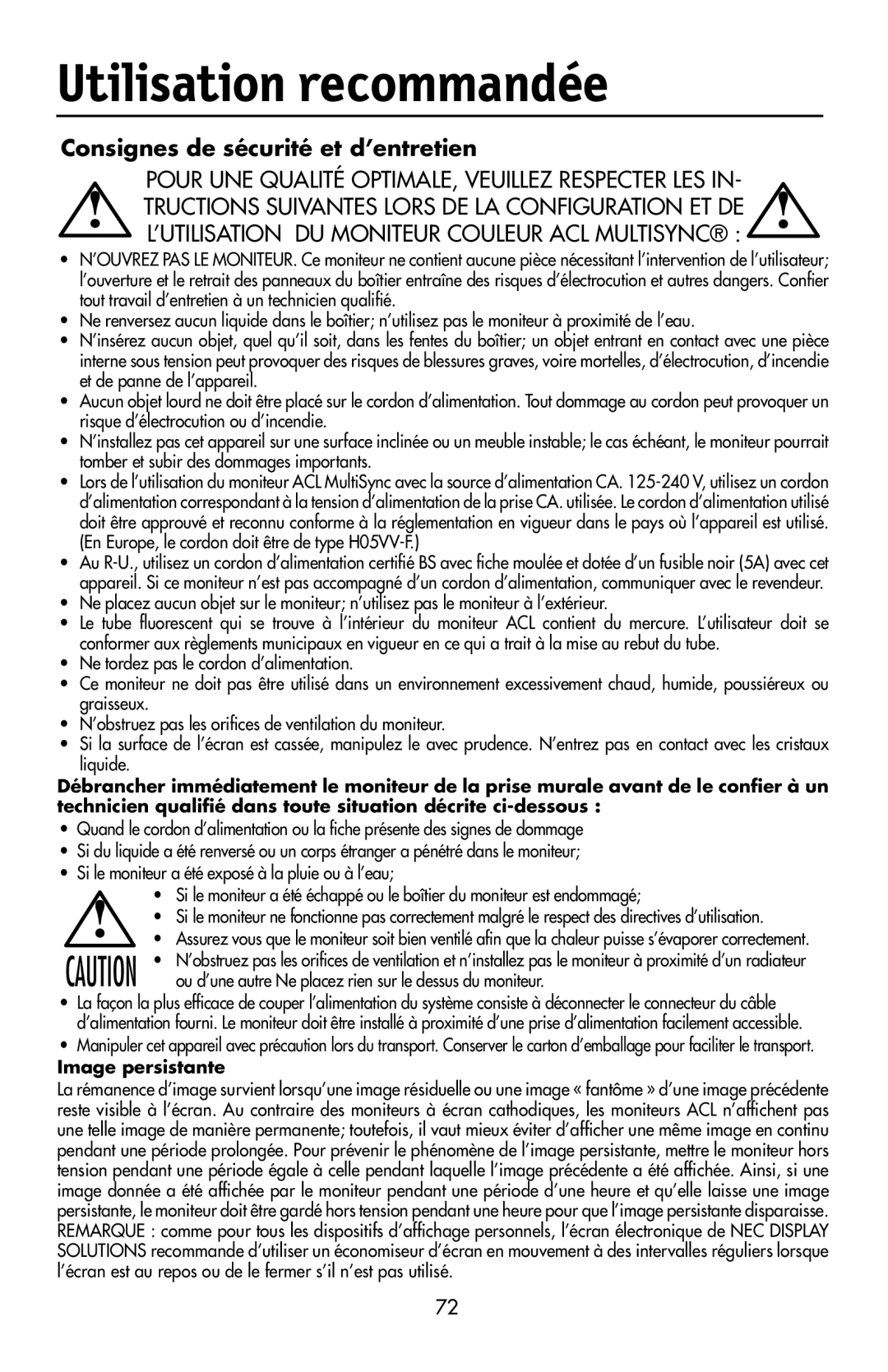 NEC LCD2190UXi user manual Utilisation recommandée, Consignes de sécurité et d’entretien 