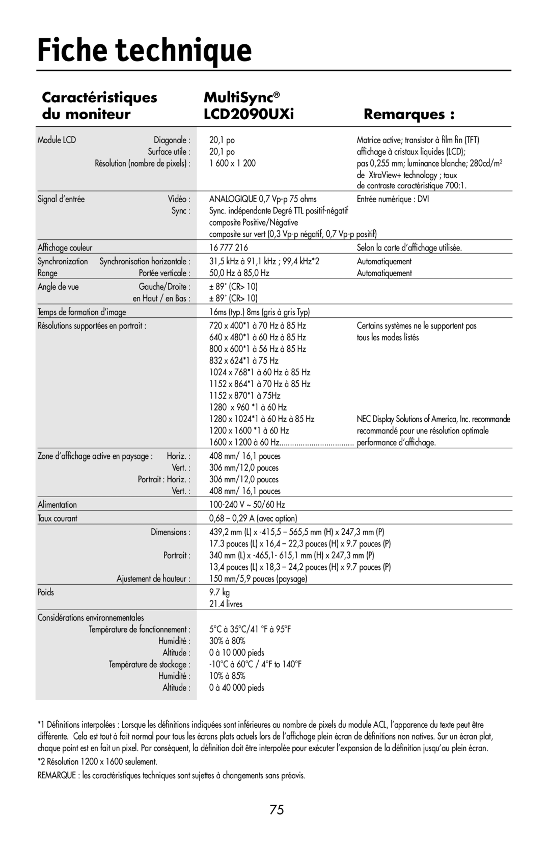 NEC LCD2190UXi user manual Fiche technique, Caractéristiques MultiSync Du moniteur LCD2090UXi Remarques 