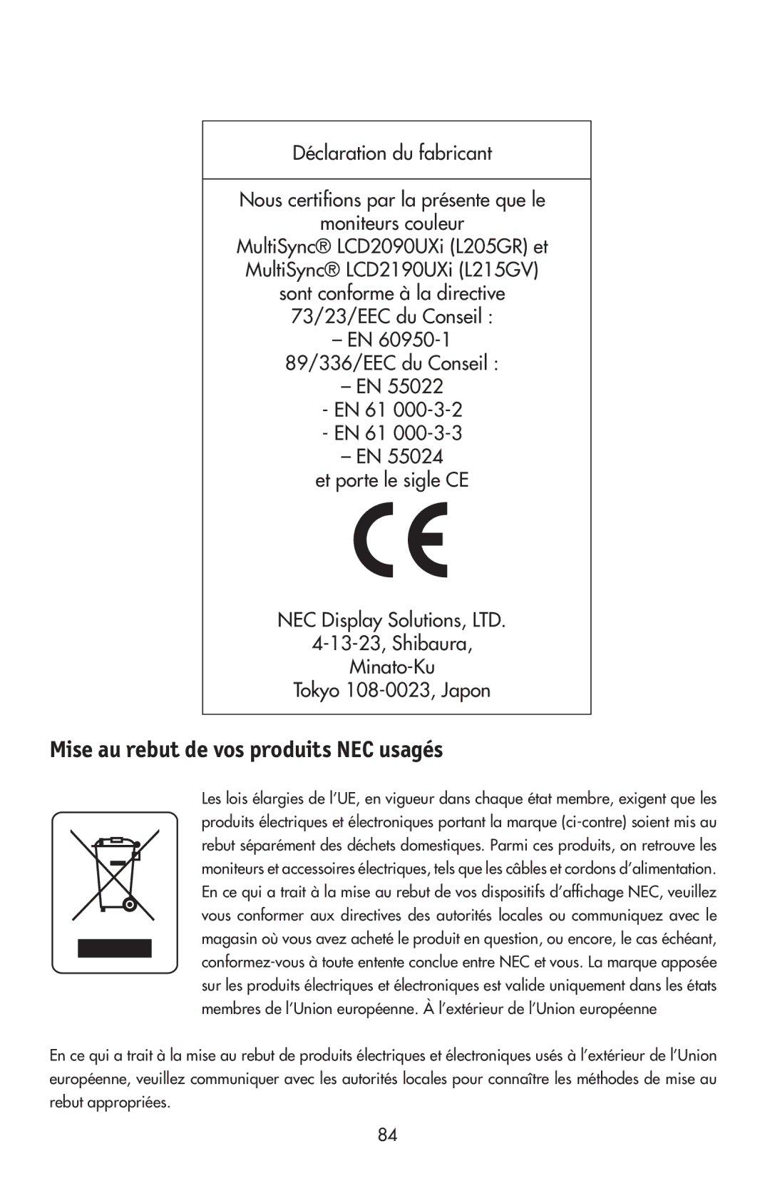 NEC LCD2190UXi user manual Mise au rebut de vos produits NEC usagés 