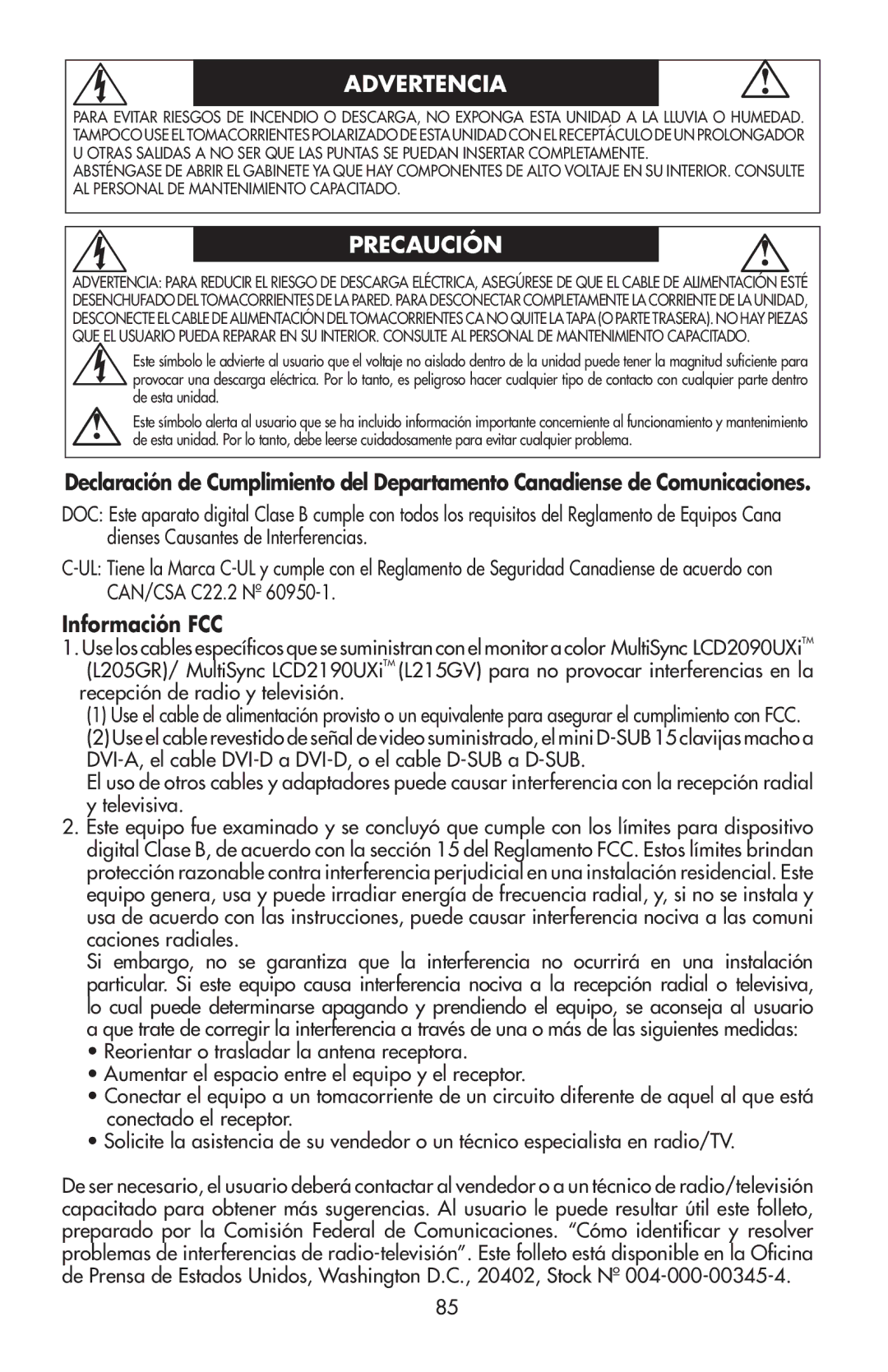 NEC LCD2190UXi user manual Información FCC, Recepción de radio y televisión 