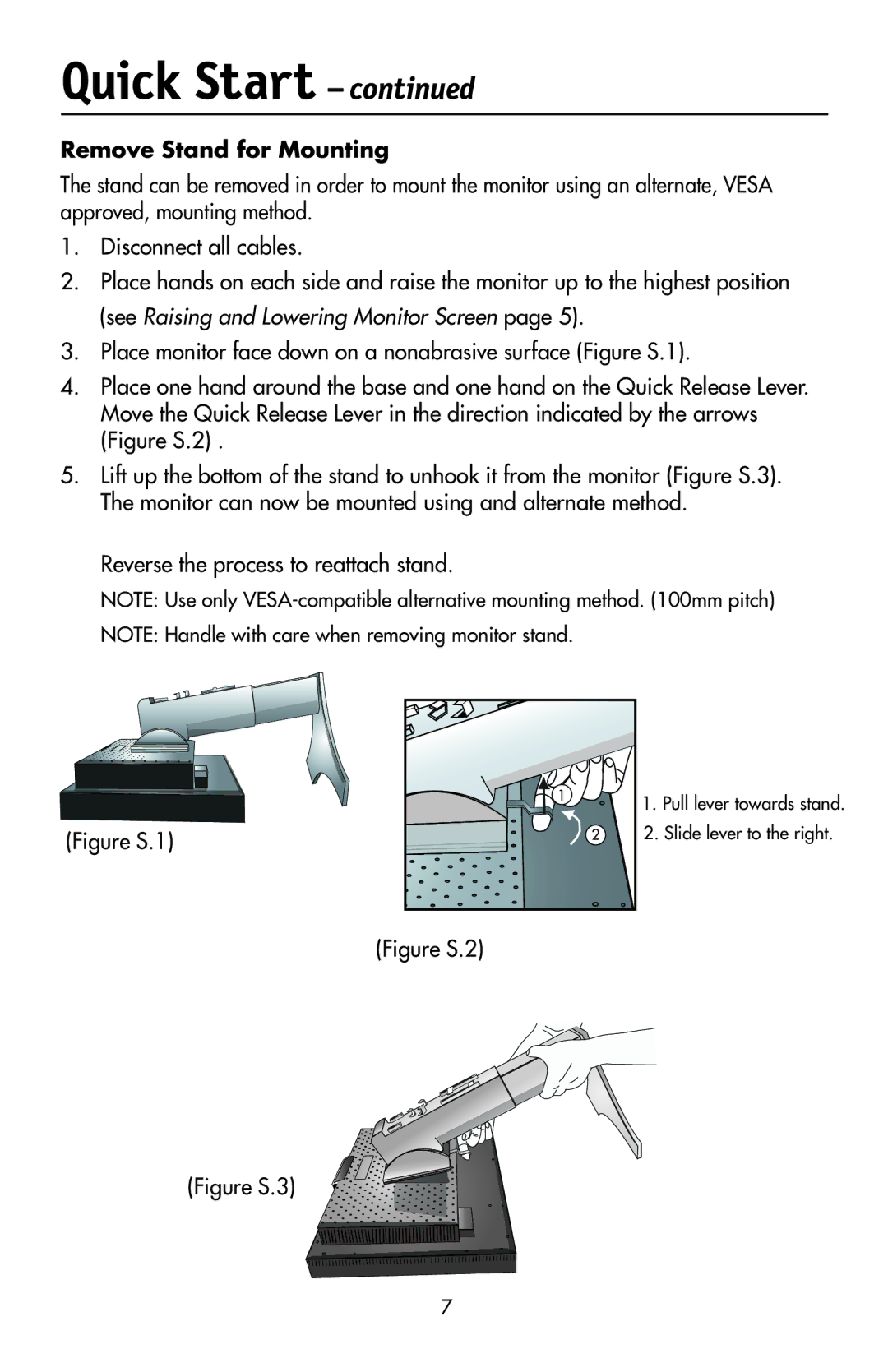 NEC LCD2190UXi user manual Remove Stand for Mounting, Pull lever towards stand Slide lever to the right 