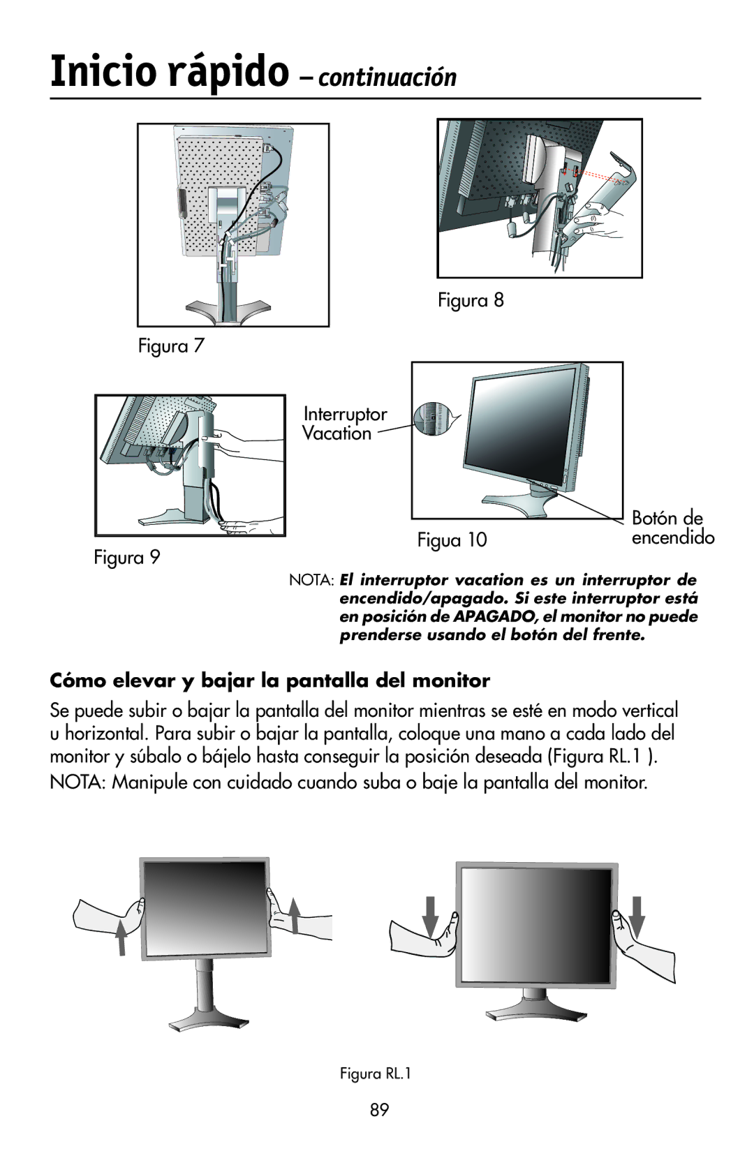 NEC LCD2190UXi user manual Cómo elevar y bajar la pantalla del monitor, Encendido 