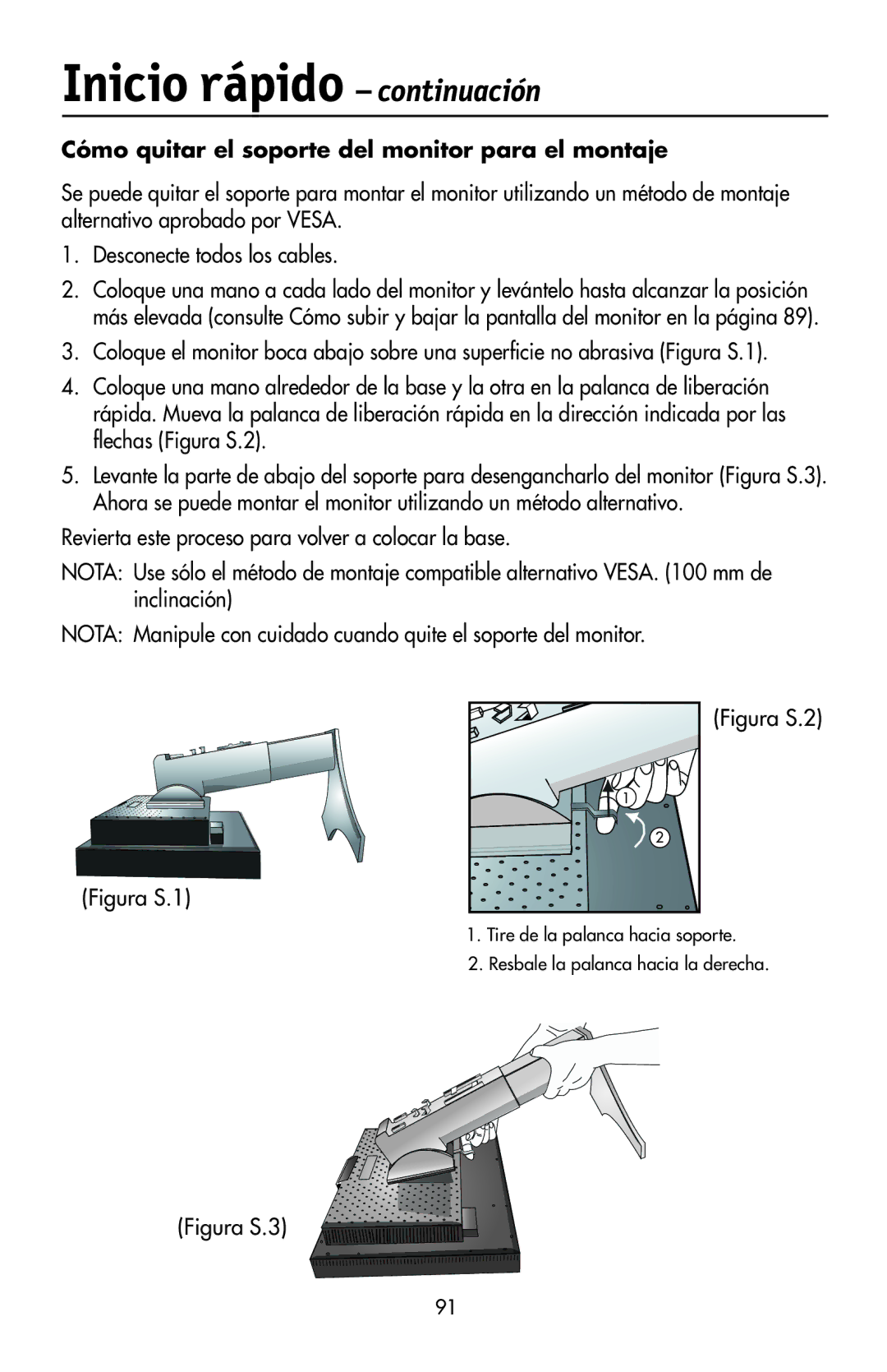 NEC LCD2190UXi user manual Cómo quitar el soporte del monitor para el montaje, Figura S.1 