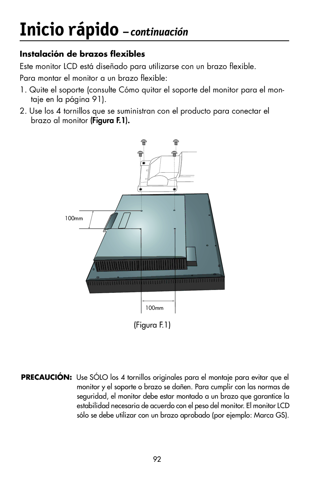 NEC LCD2190UXi user manual Instalación de brazos ﬂexibles, Figura F.1 