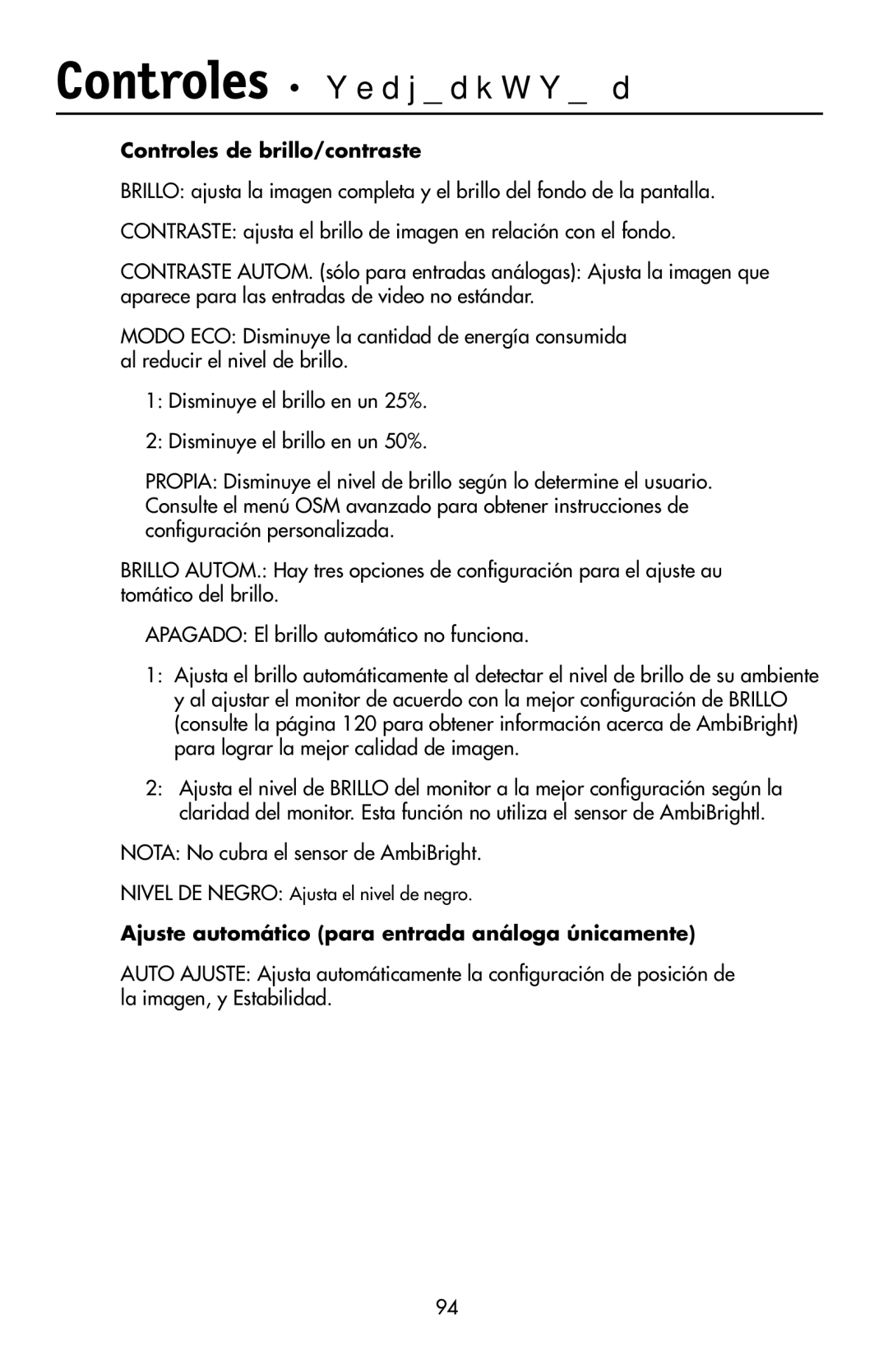 NEC LCD2190UXi user manual Controles de brillo/contraste, Nota No cubra el sensor de AmbiBright 