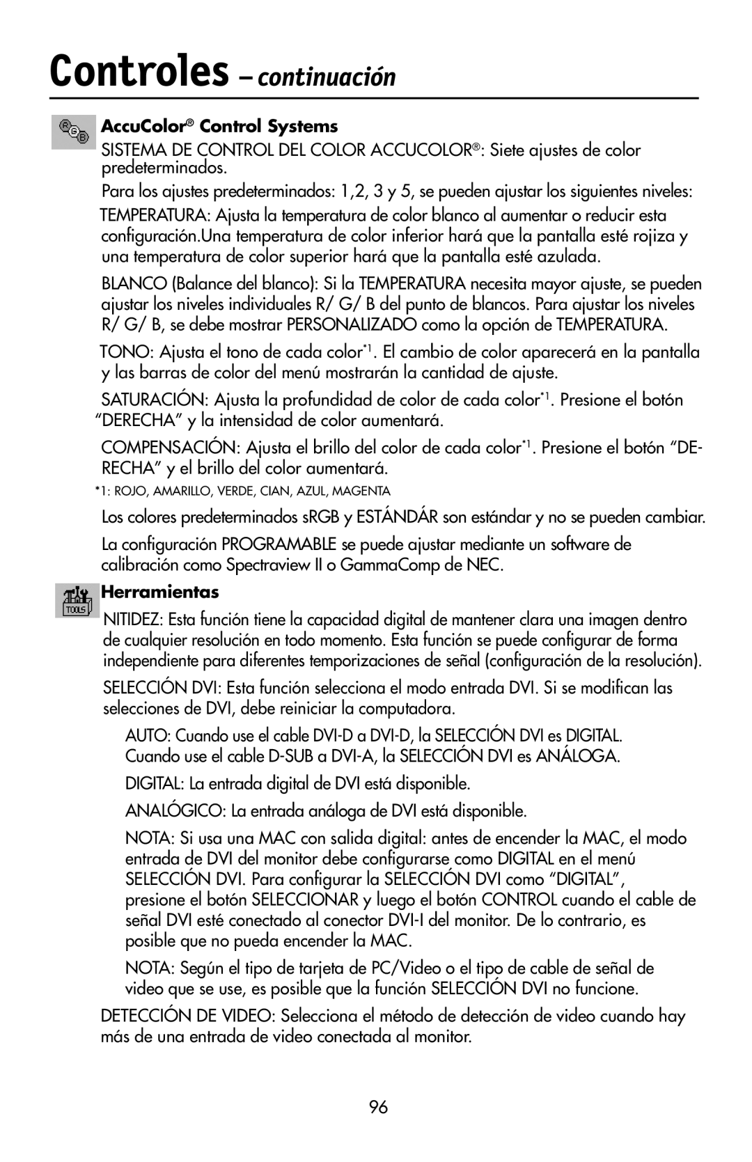 NEC LCD2190UXi user manual AccuColor Control Systems, Herramientas 