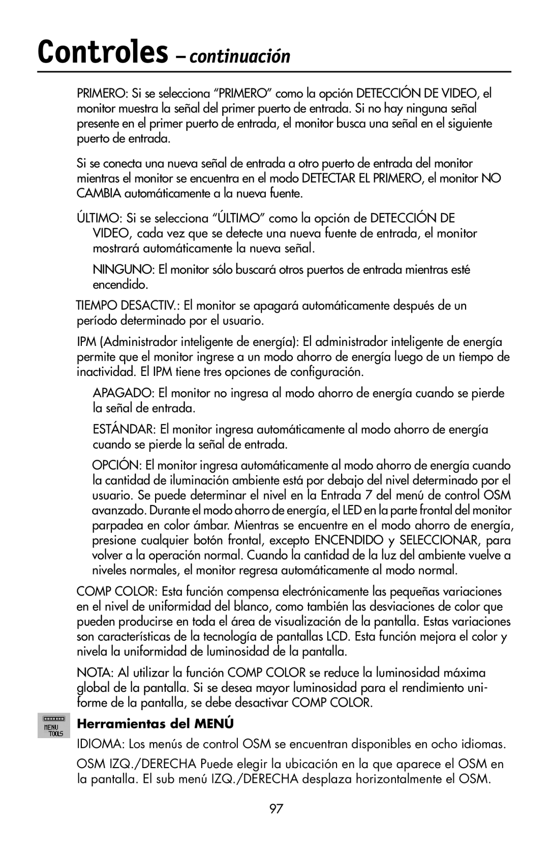 NEC LCD2190UXi user manual Herramientas del Menú 