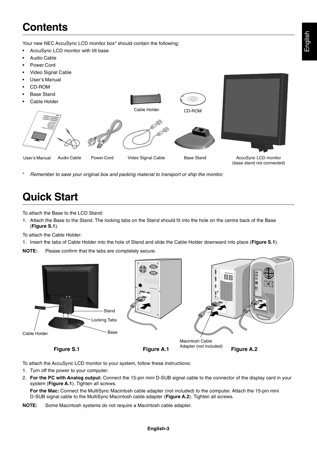 NEC LCD193WM, LCD223WM, LCD203WM user manual Contents, Quick Start, English, Figure S.1, Figure A.1, Figure A.2 