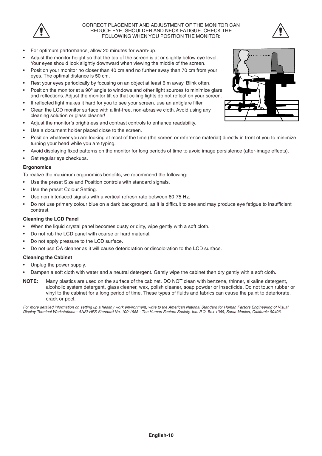 NEC LCD203WM, LCD223WM, LCD193WM user manual Ergonomics, Cleaning the LCD Panel, Cleaning the Cabinet, English-10 