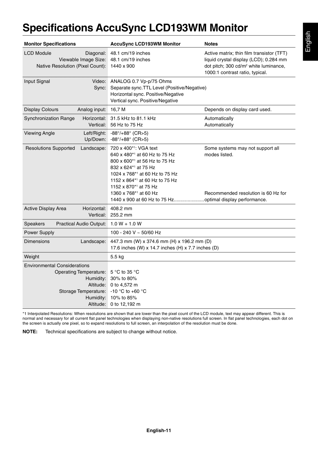 NEC LCD223WM, LCD203WM user manual Monitor Specifications AccuSync LCD193WM Monitor, English-11 