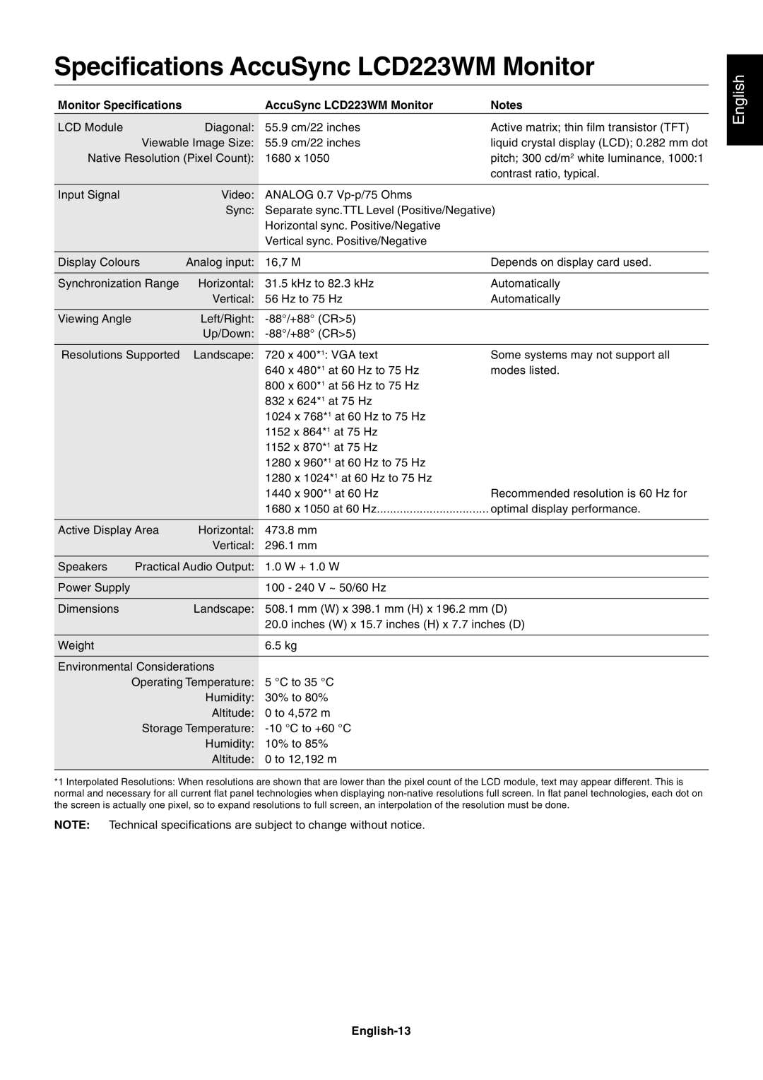 NEC LCD203WM, LCD193WM user manual Monitor Specifications AccuSync LCD223WM Monitor, English-13 