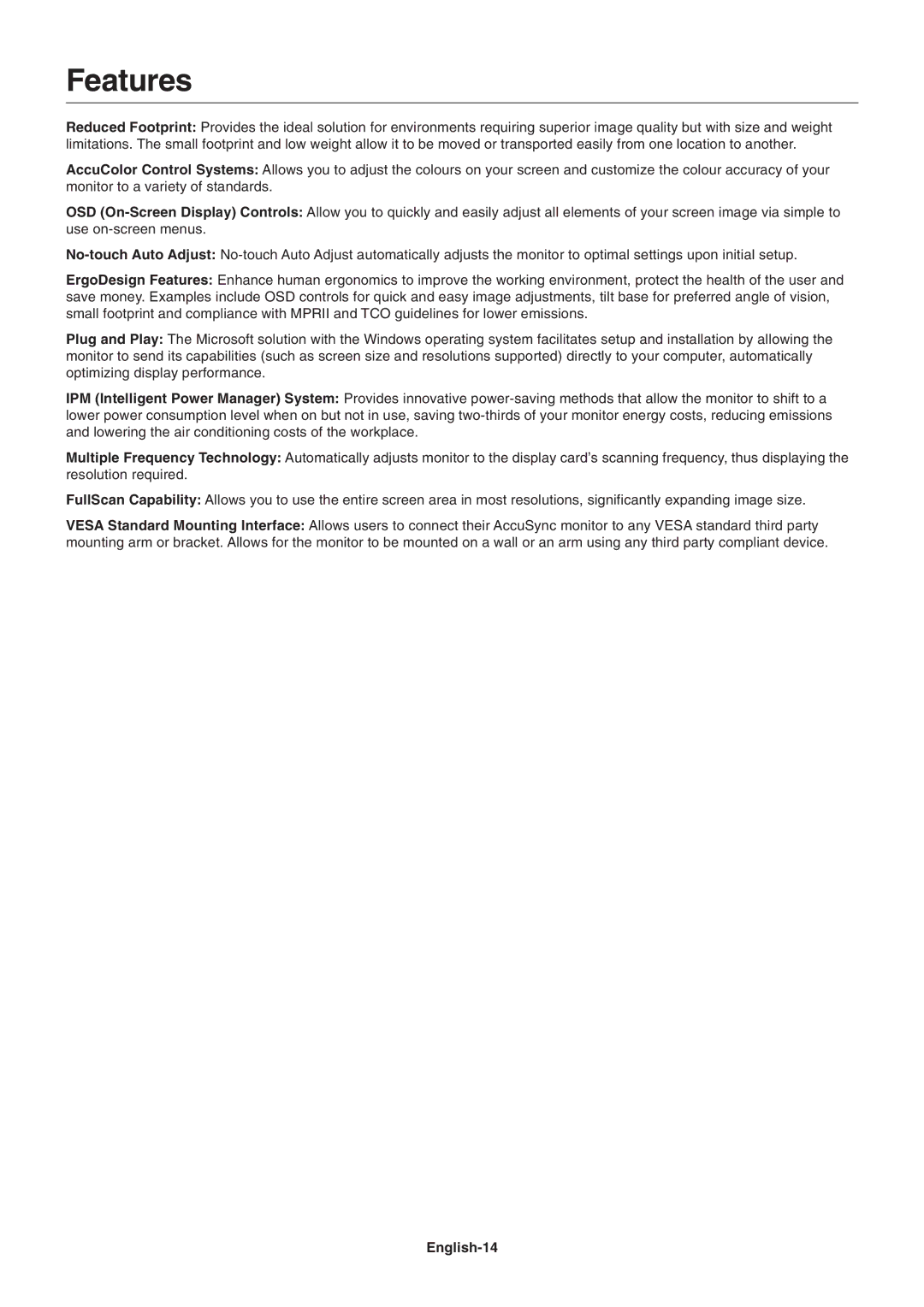 NEC LCD223WM, LCD193WM, LCD203WM user manual Features, English-14 