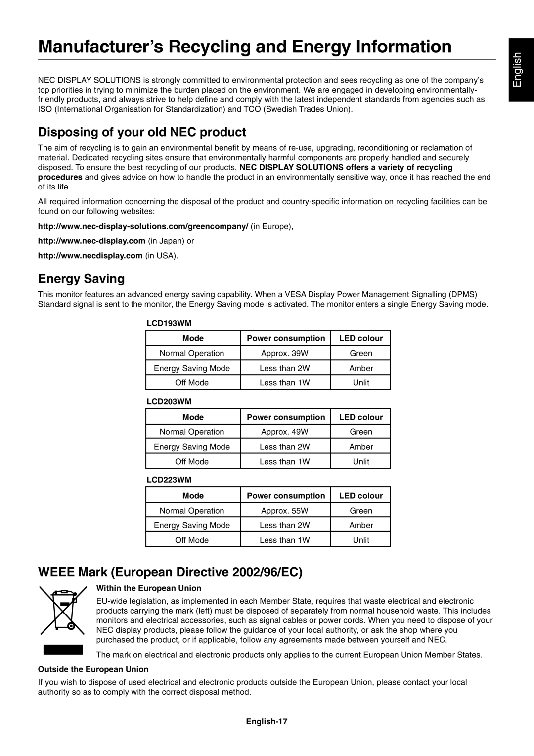 NEC LCD223WM, LCD193WM ManufacturerÕs Recycling and Energy Information, Disposing of your old NEC product, Energy Saving 