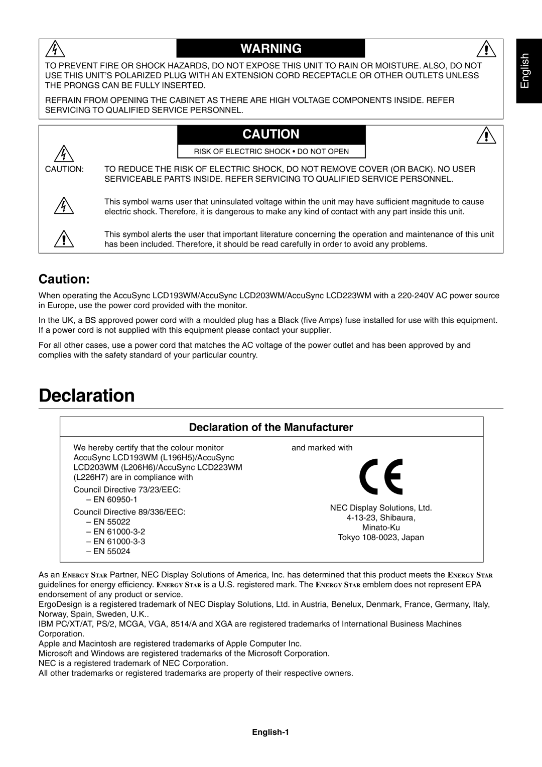 NEC LCD203WM, LCD223WM, LCD193WM user manual Declaration, English-1 