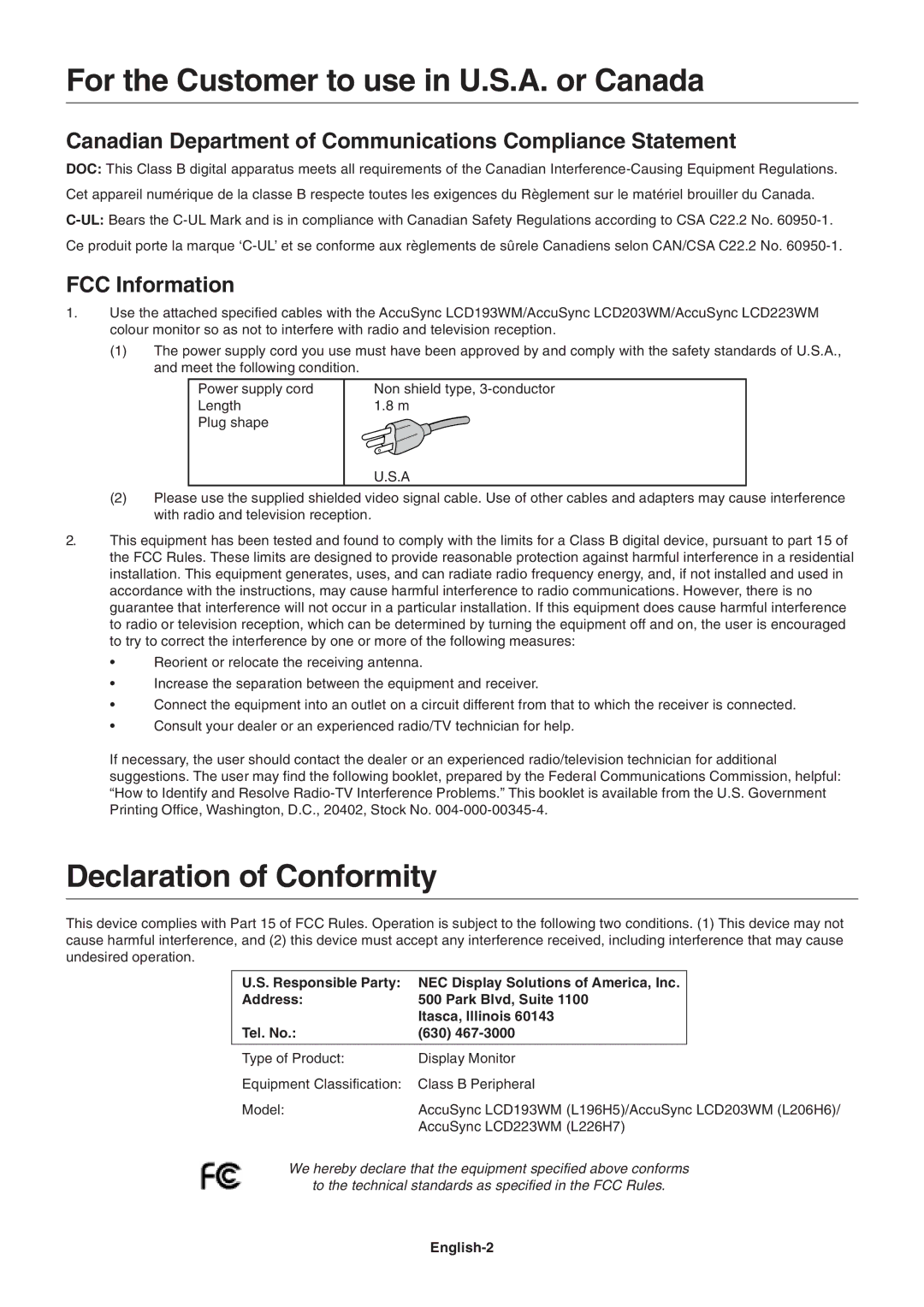 NEC LCD223WM, LCD193WM For the Customer to use in U.S.A. or Canada, Declaration of Conformity, FCC Information, English-2 