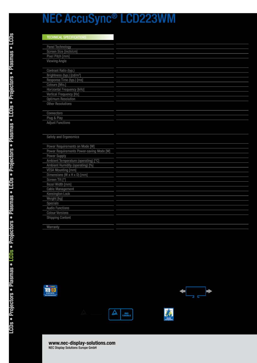 NEC manual LCDs, NEC AccuSync LCD223WM, Technical Specifications 
