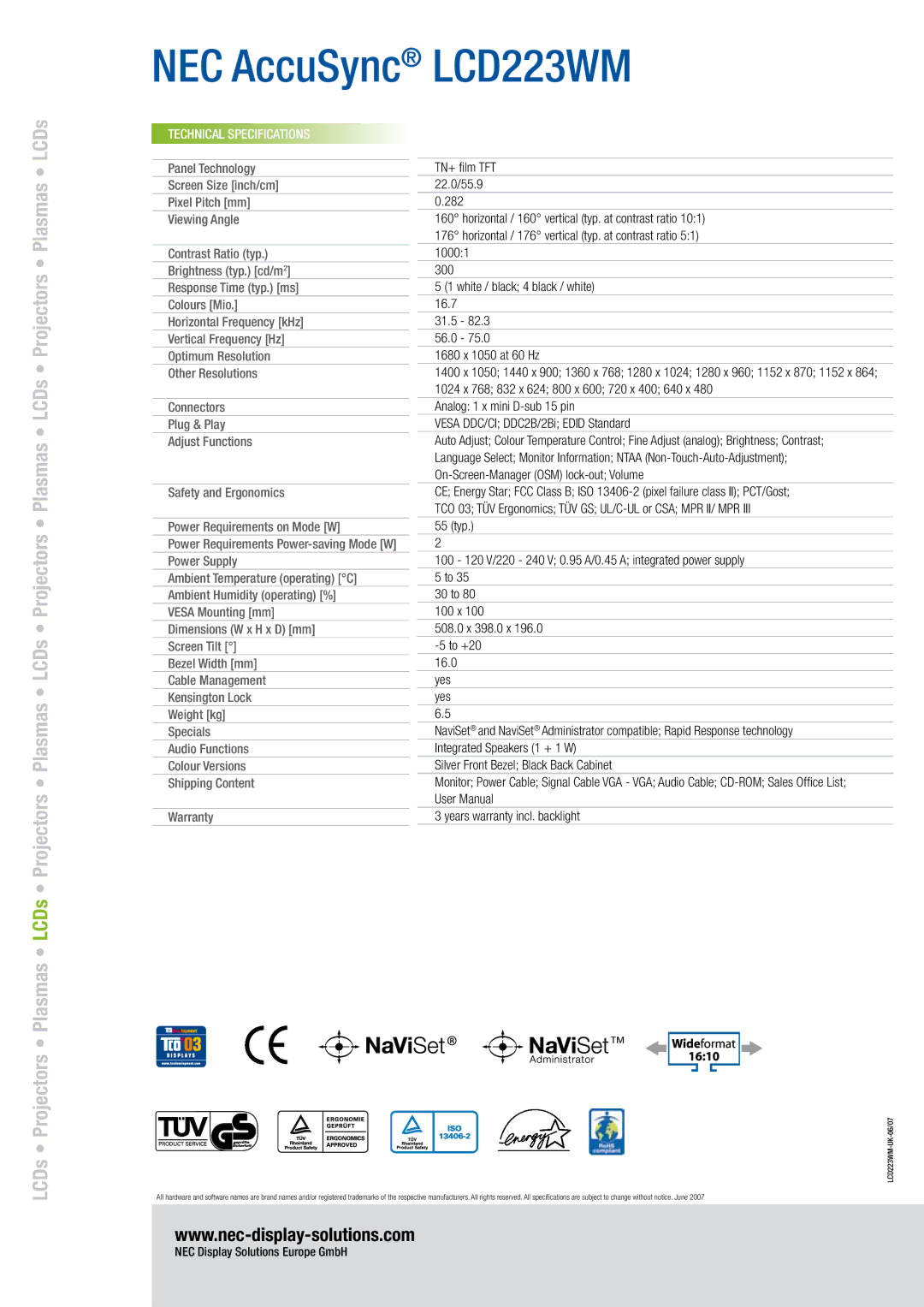 NEC LCD223WM manual LCDs, Technical Specifications, TN+ film TFT 22.0/55.9 282, NEC Display Solutions Europe GmbH 