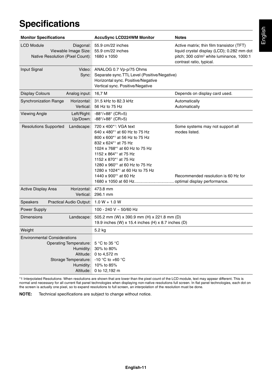 NEC user manual Monitor Specifications AccuSync LCD224WM Monitor, English-11 