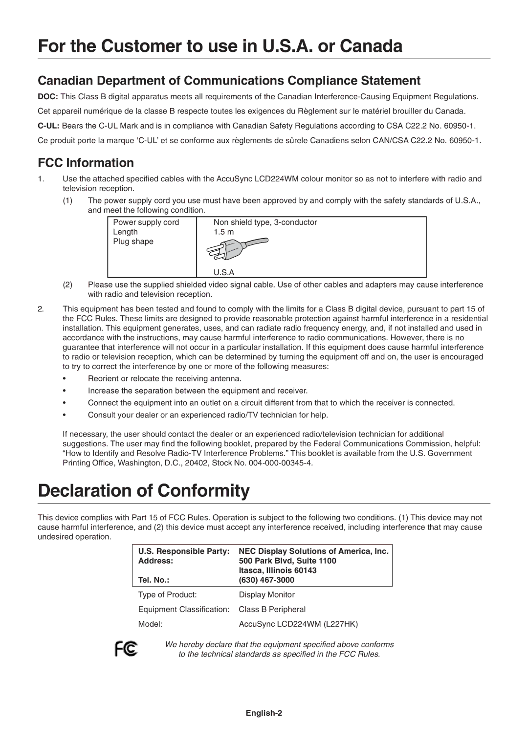 NEC LCD224WM user manual For the Customer to use in U.S.A. or Canada, Declaration of Conformity, FCC Information, English-2 